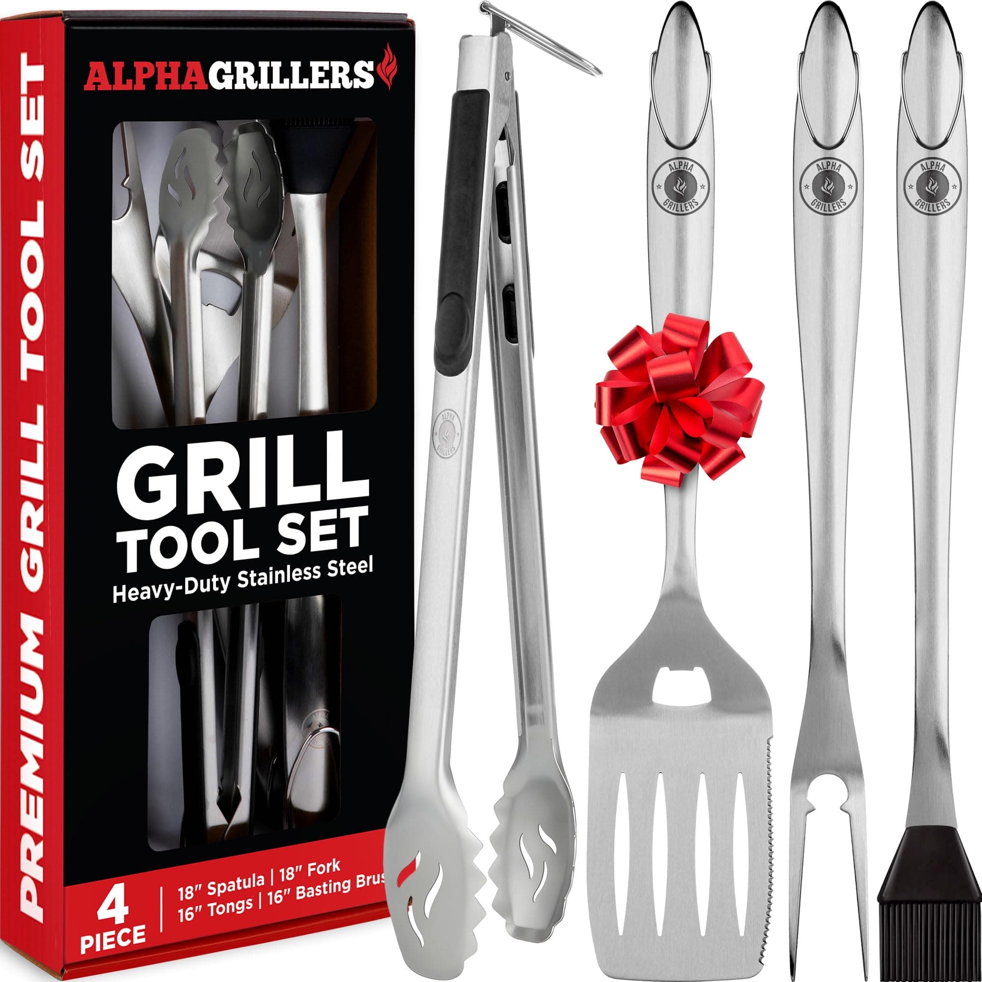 Alpha Grillers Grill Set Heavy Duty BBQ Accessories - BBQ Tool Set 4pc Grill Accessories with Spatula, Fork, Brush & BBQ Tongs - Gifts for Dad Durable, Stainless Steel Grill Tools