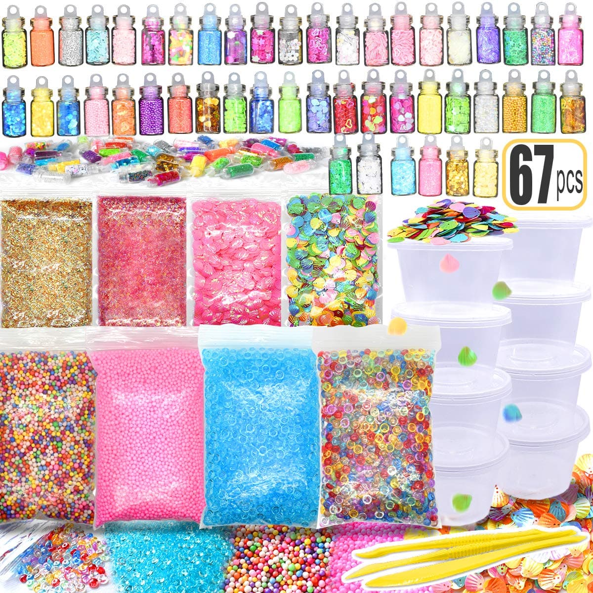 67PCS Slime Supplies Include Sugar Paper Ingredients Floam Beads Fish Bowl Beads Shell Glitter Jars Slime Containers with Lids 4OZ