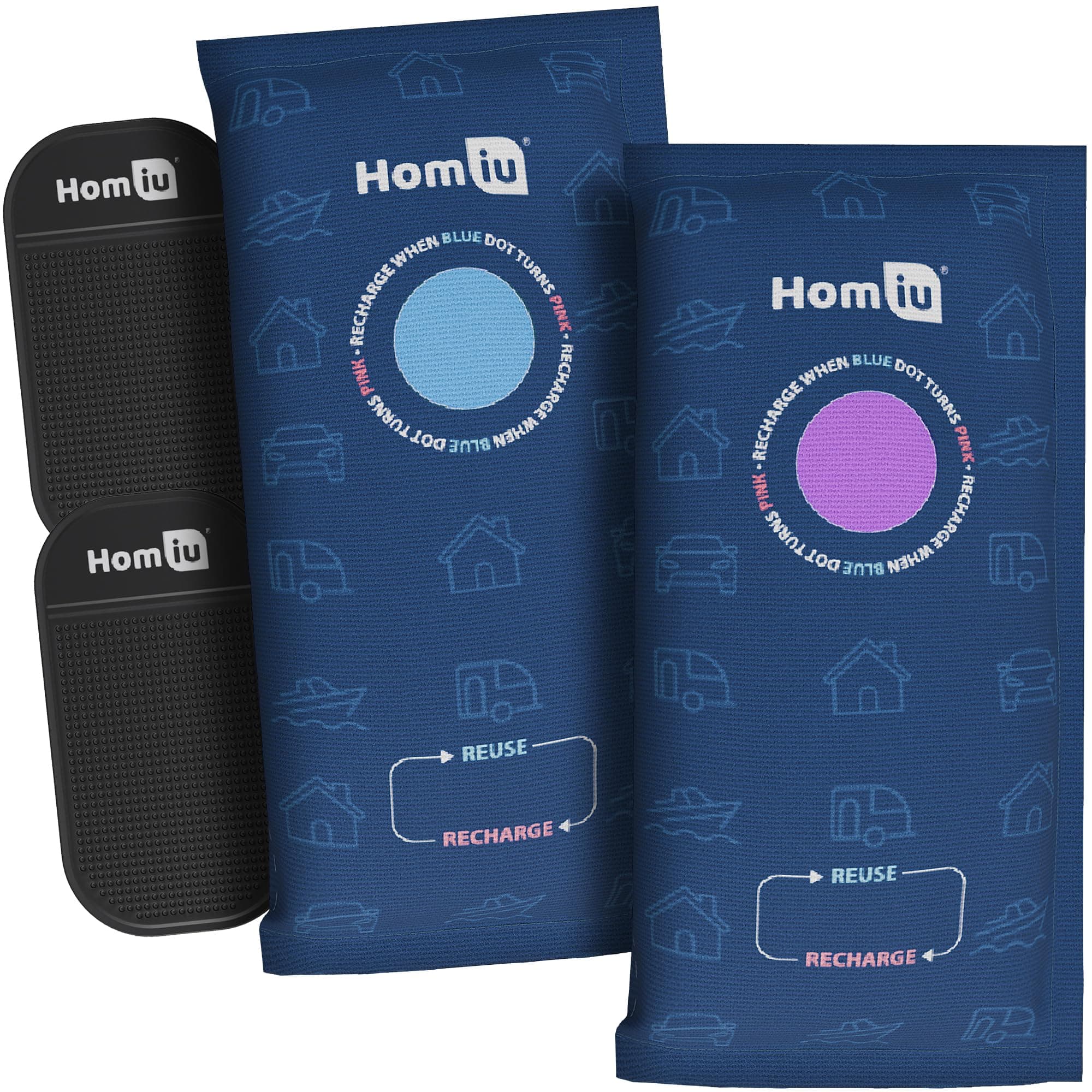 Homiu 2 × 1kg Car Dehumidifier Bags - Reusable Silica Gel Moisture Absorbers with Anti-Slip Pads – Rechargeable, Prevent Damp & Condensation in Cars, Van, Home & Caravan