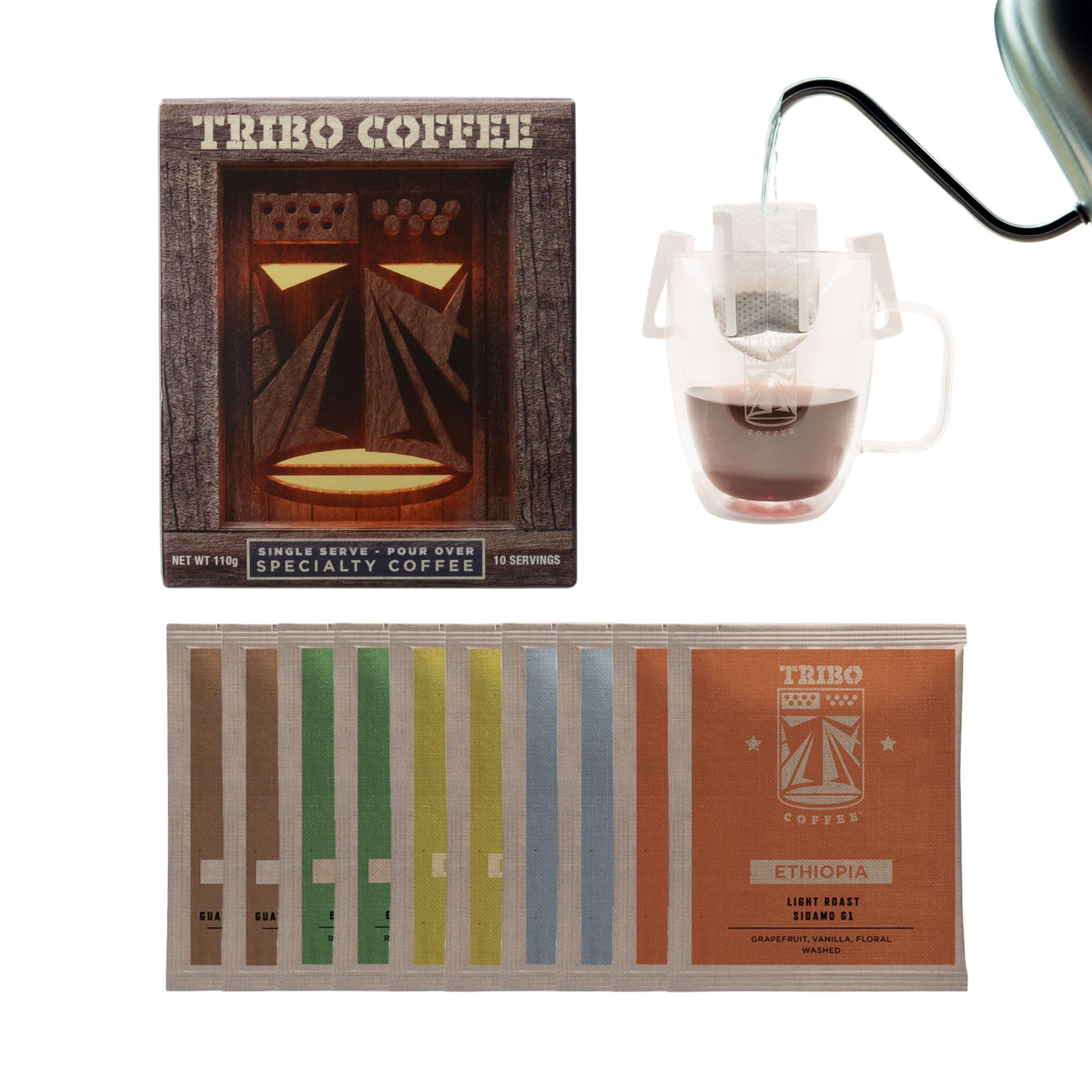 Tribo Coffee Single-Serve Portable Pour Over Drip Coffee - Variety - 10 Servings (Light, Medium & Med-Dark Roasts)