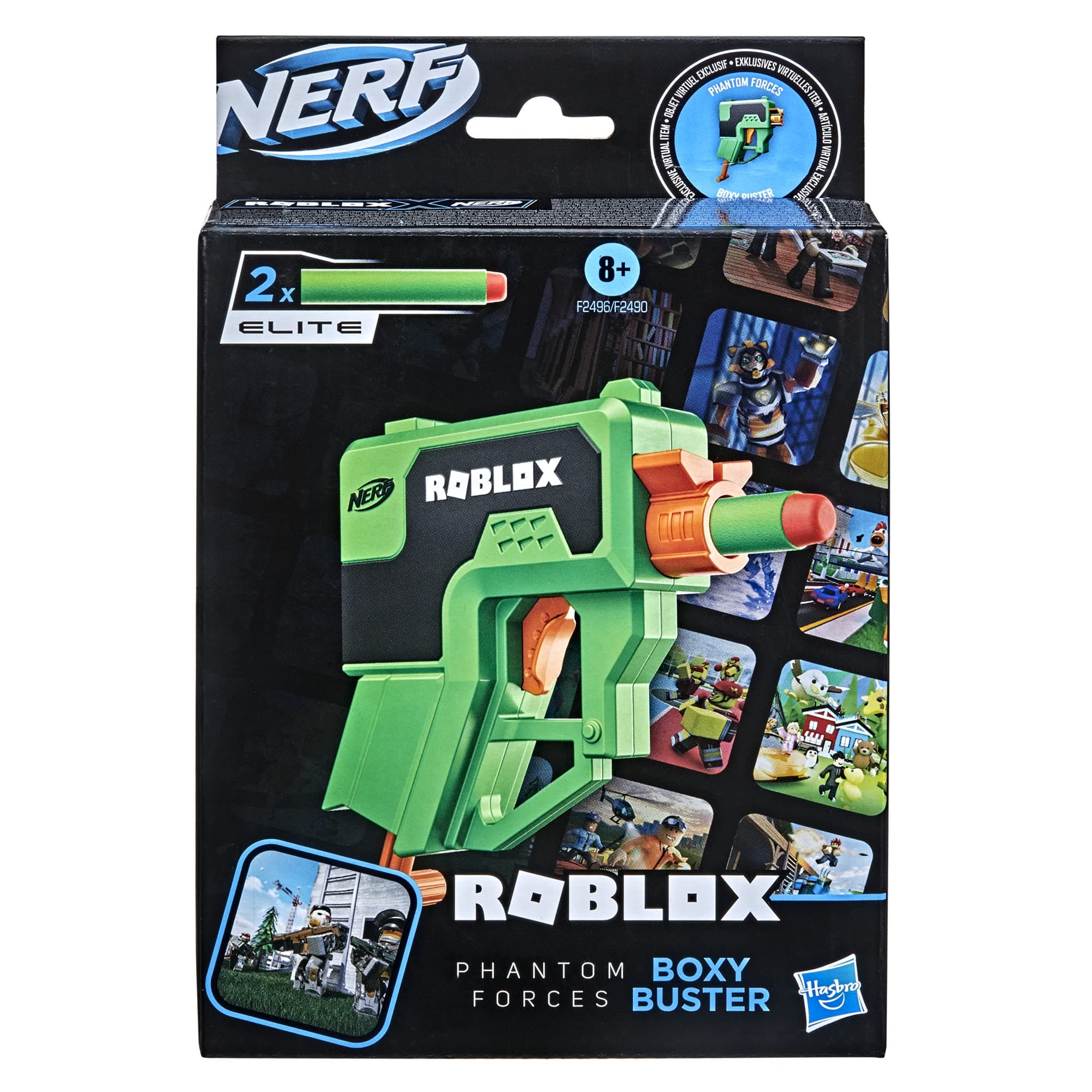 Nerf Roblox Phantom Forces: Boxy BUSter Dart Blaster, Pull-Down Priming Handle, 2 Nerf Elite Darts, Code To Unlock In-Game Virtual Item