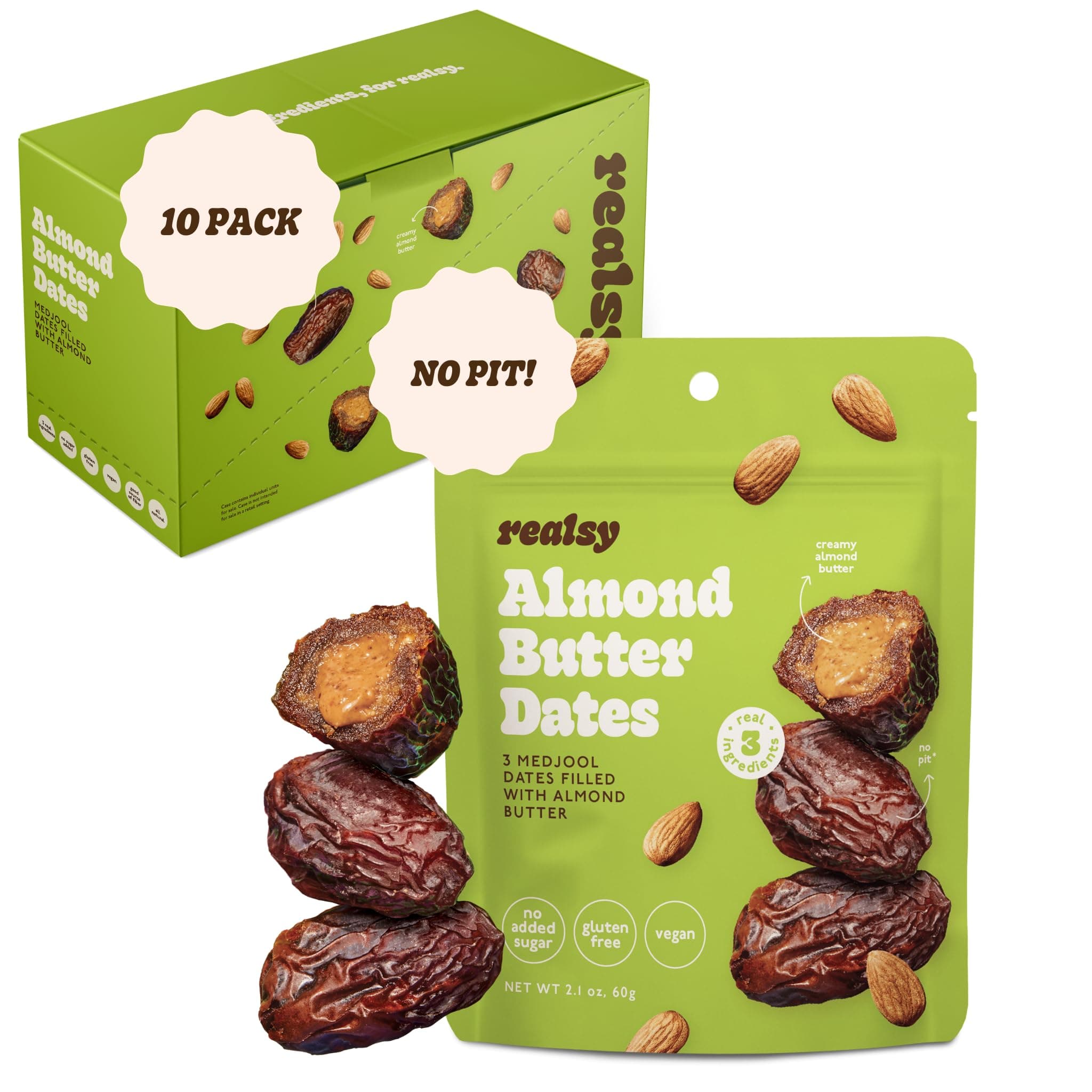 Realsy Almond Butter Stuffed Medjool Dates, Organic Dates with No Sugar Added, Gluten-Free, Vegan, Good Source of Fiber, Low Glycemic Index, All Natural Healthy Snack, (10 Pack)