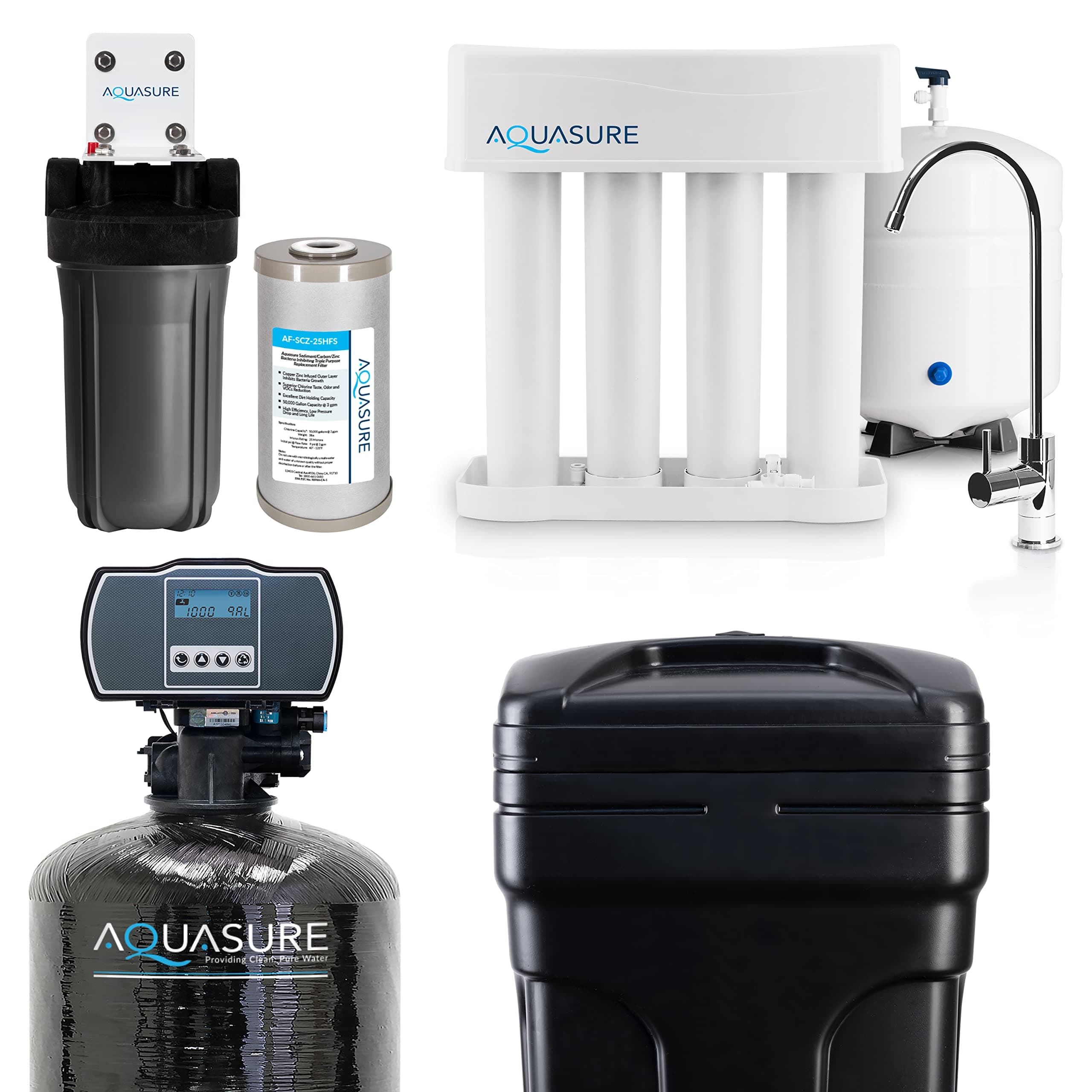 Aquasure 64,000 Grains Whole House Water Filtration Bundle with Digital Metered Control Softener, Pre-Filters, 75 GPD RO Reverse Osmosis System, Eliminates 99% of Contaminants (4-6 bathrooms)