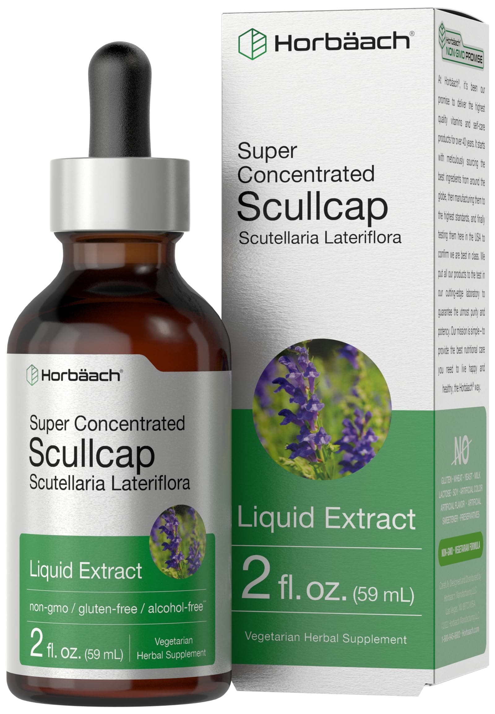 Horbäach Scullcap Herb Liquid Extract | 2 fl oz Tincture | Super Concentrated | Alcohol Free, Vegetarian, Non-GMO, Gluten Free Skullcap Supplement