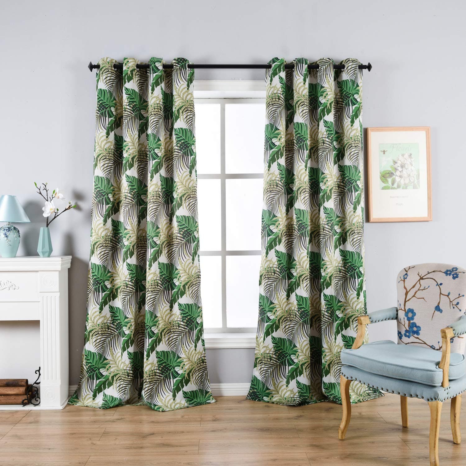 sgofais Printed Blackout Curtains Greenery Floral Patterns - Grommet Thermal Insulated Vintage Curtains Living Room, 2 Panels 52 x 63 Inch, Green