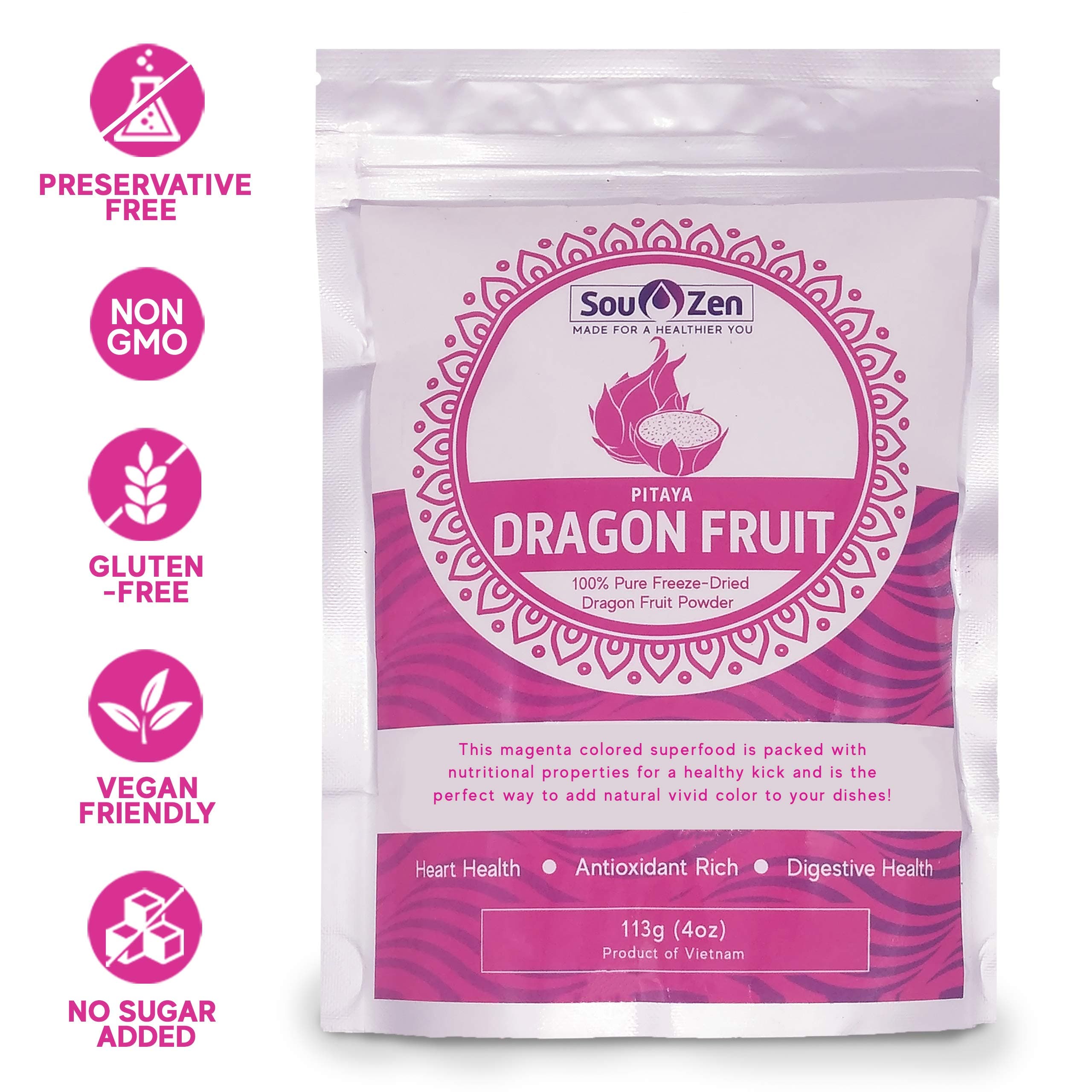 Sou Zen Pitaya Dragon Fruit Powder 4oz (113g) Freeze Dried | All Natural, Magenta Superfood | Promotes Heart and Digestive Health | No Preservatives and Organic | Premium Quality