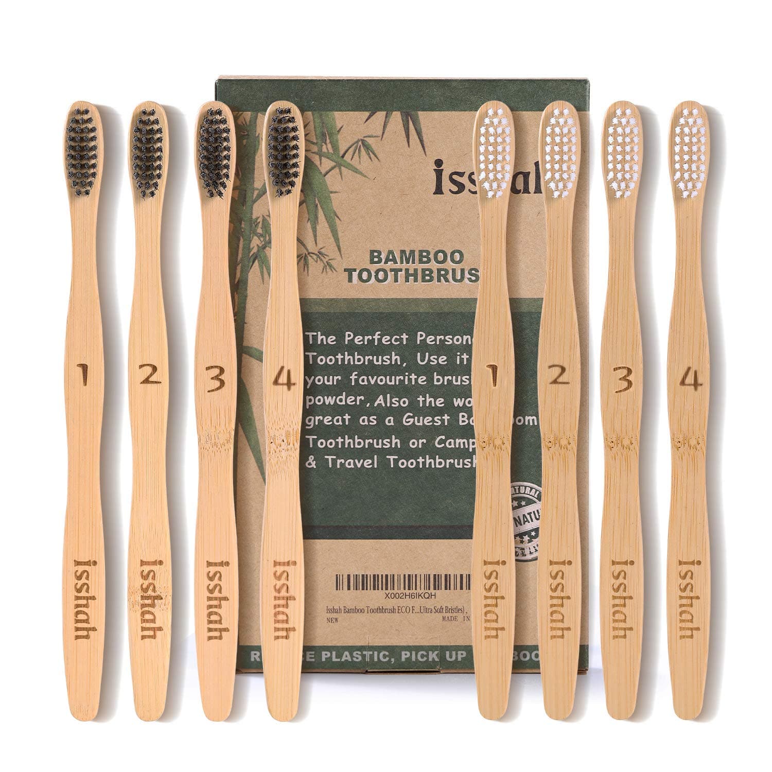 Isshah Bamboo Toothbrush ECO Friendly Organic Charcoal Infused BPA Free(Ultra Soft Bristles)๏ผPack of 6