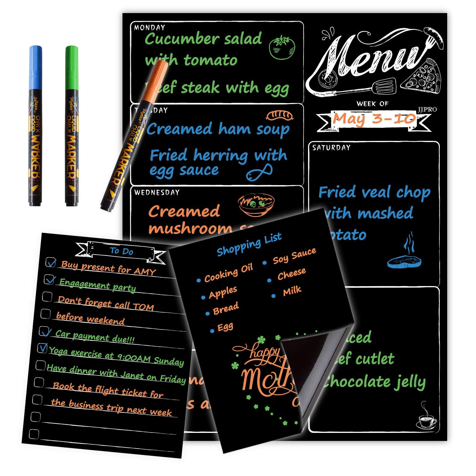 JJPRO Magnetic Dry Erase Menu Board for Fridge - Weekly Meal Planner Chalkboard with Grocery List and Notepad Blackboard Set for Kitchen Refrigerator - Premium Dry Erase Magnetic Blackboard