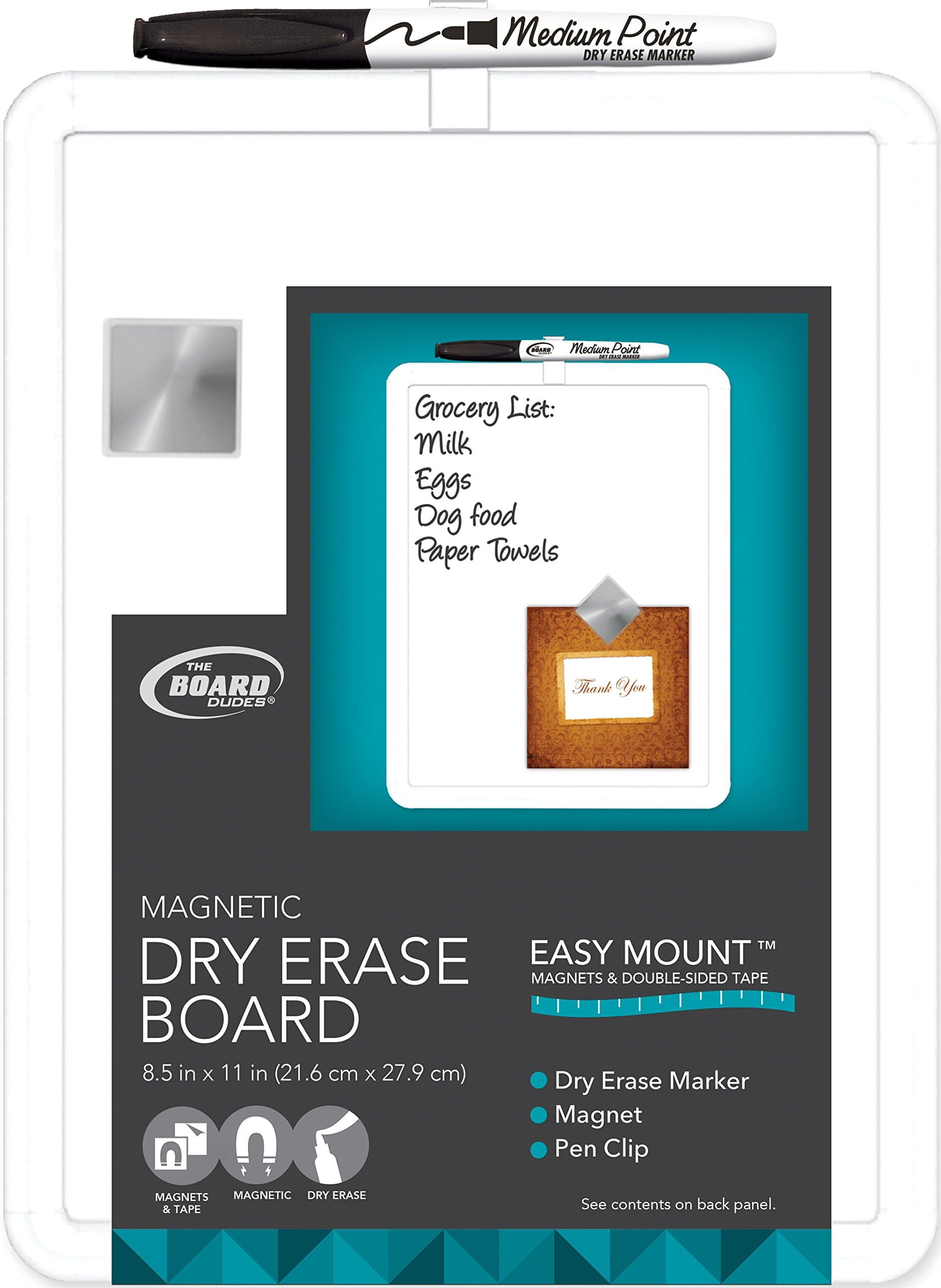 The Board Dudes 6-Count Metalic Push Pins - 8.5x11 Dry Erase Board with White Plastic Frame, 1 Magnet, 1 Pen with Clip