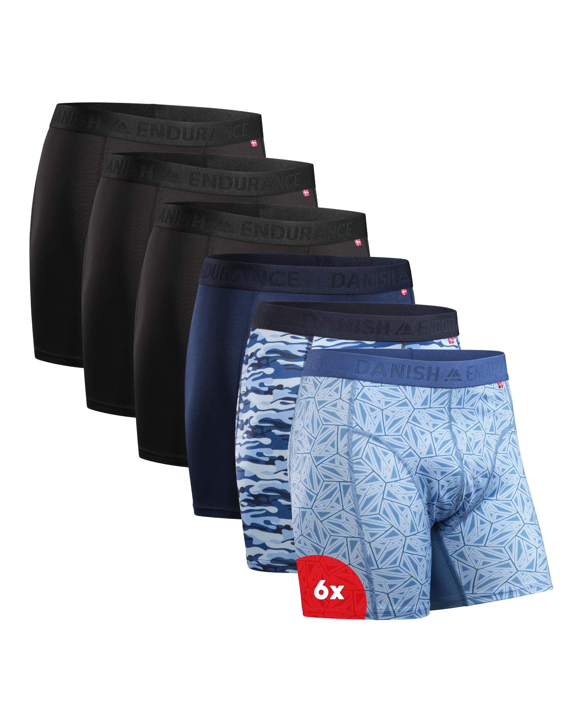 DANISH ENDURANCE Mens Boxers, Anti Chafing Underwear, Long Leg or Regular, Sports Underwear Men, Moisture Wicking, Breathable Running Boxers, 6 Pack