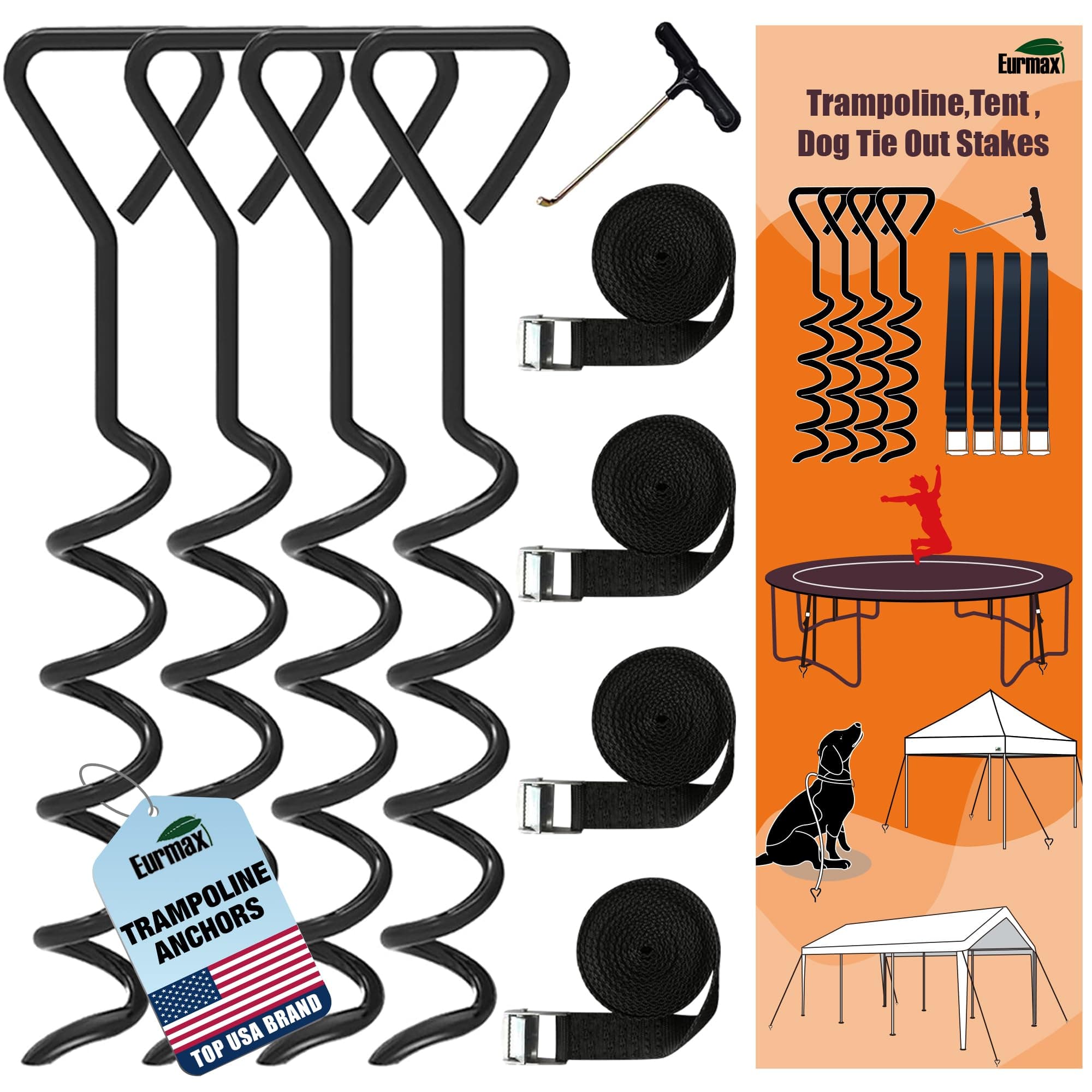 USA Trampoline Stakes Heavy Duty Trampoline Parts Corkscrew Shape Steel Stakes Anchor Kit with T Hook for Trampolines -Set of 4 Bonus 4 Strong Belt,Black