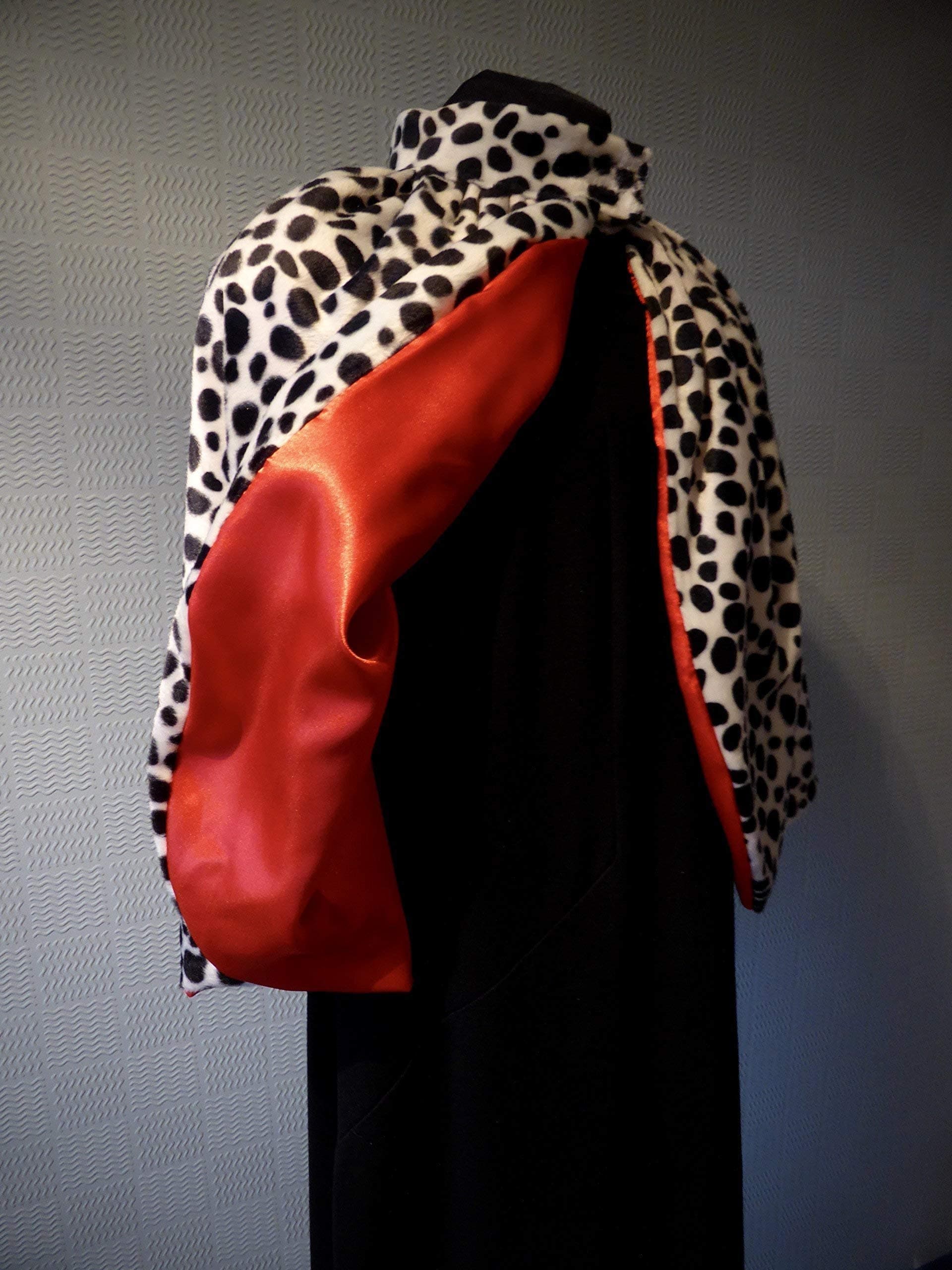 Evil Queen style cape in Dalmatian print black and white velboa faux fur