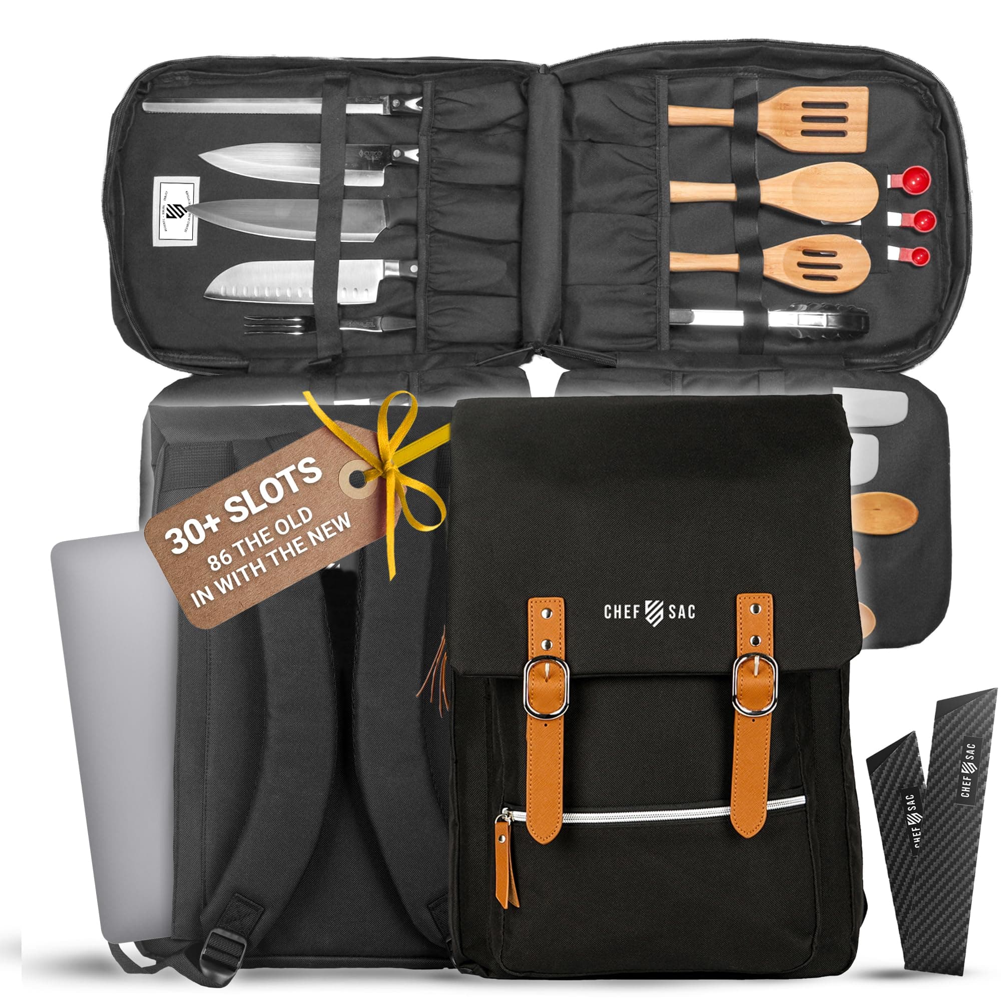 Chef Sac Chef Knife Bag Vintage Backpack | 30+ Pockets for Knives and Chef Tools | Knife Carrying Case with Hidden Back Pocket for Tablet | Sturdy Knife Bag for Chefs & Culinary Work (Black)