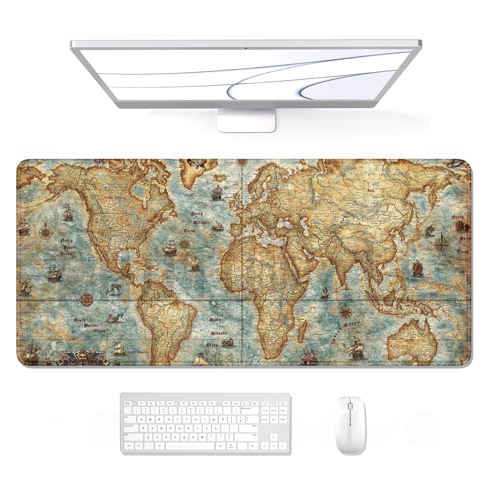 Auhoahsil Large Mouse Pad, XXL Gaming Mousepad, Desk Mat for Desktop, Thick Rubber, Big & Long Size, Stitched Edges, Full Desk Pad for Laptop & Computer, Extended 31.5 x 11.8 in, Vintage World Map