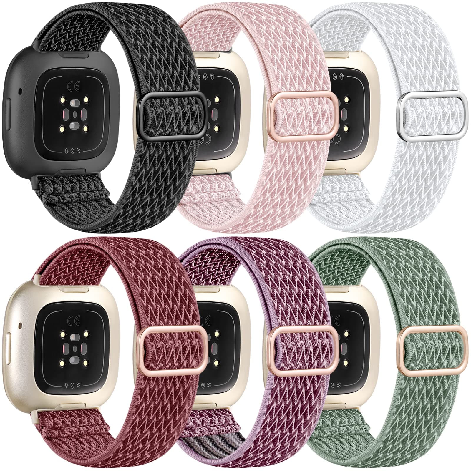 Ouwegaga Elastic Band Compatible with Fitbit Versa 4 Bands/Sense 2/Sense/Versa 3 Bands for Women Men, Adjustable Stretchy Nylon Solo Loop Sport Strap Compatible with Fitbit Smartwatch, 6 Packs
