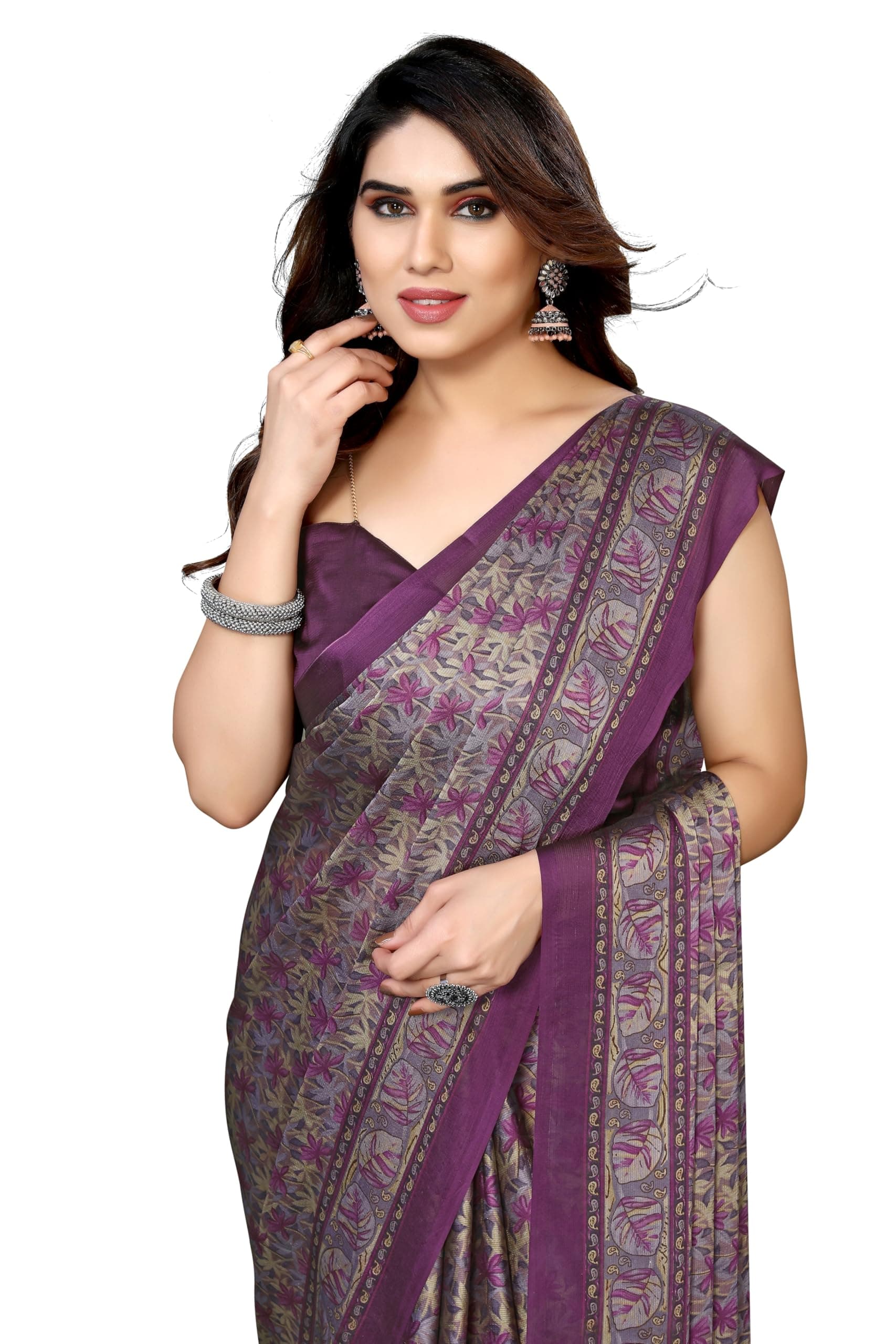 Women's Stylish Chiffon Leaf and Floral Printed Saree with Blouse Piece, Purple, Cream, One size, Purple, Cream, One Size