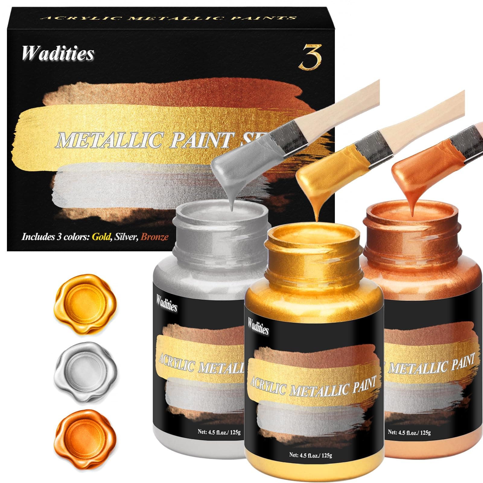 Acrylic Paint Metallic, 375g Gold & Silver & Bronze, Gold Leaf Paint for Art Painting, Ideal for Canvas, Wood, Clay, Fabric, Ceramic, Stone, Glass Craft Supplies