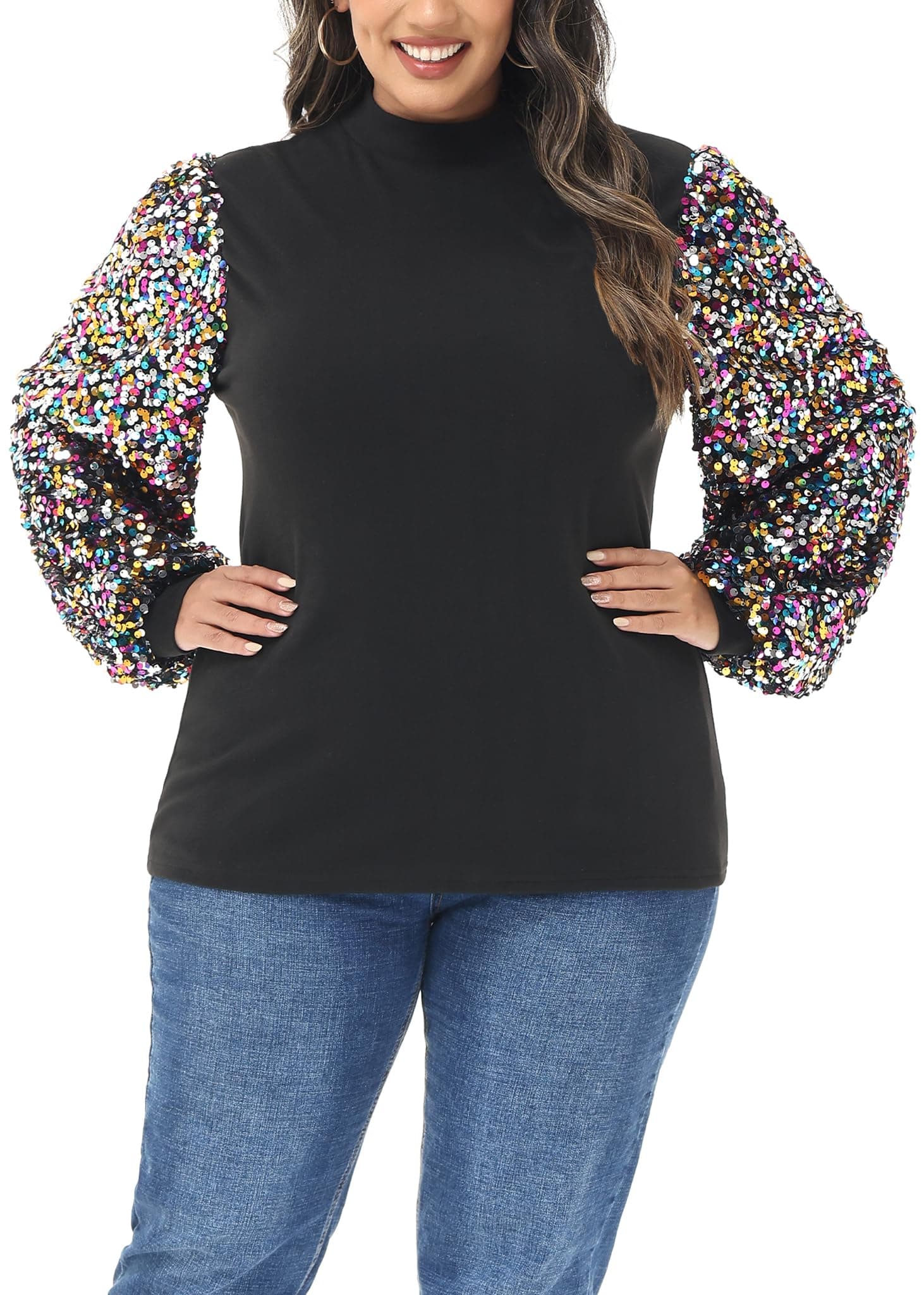 Anna-KaciWomen's Plus Size Sparkle Sequin Sweatshirt Mock Neck Pullover Long Sleeve Glitter Party Tops