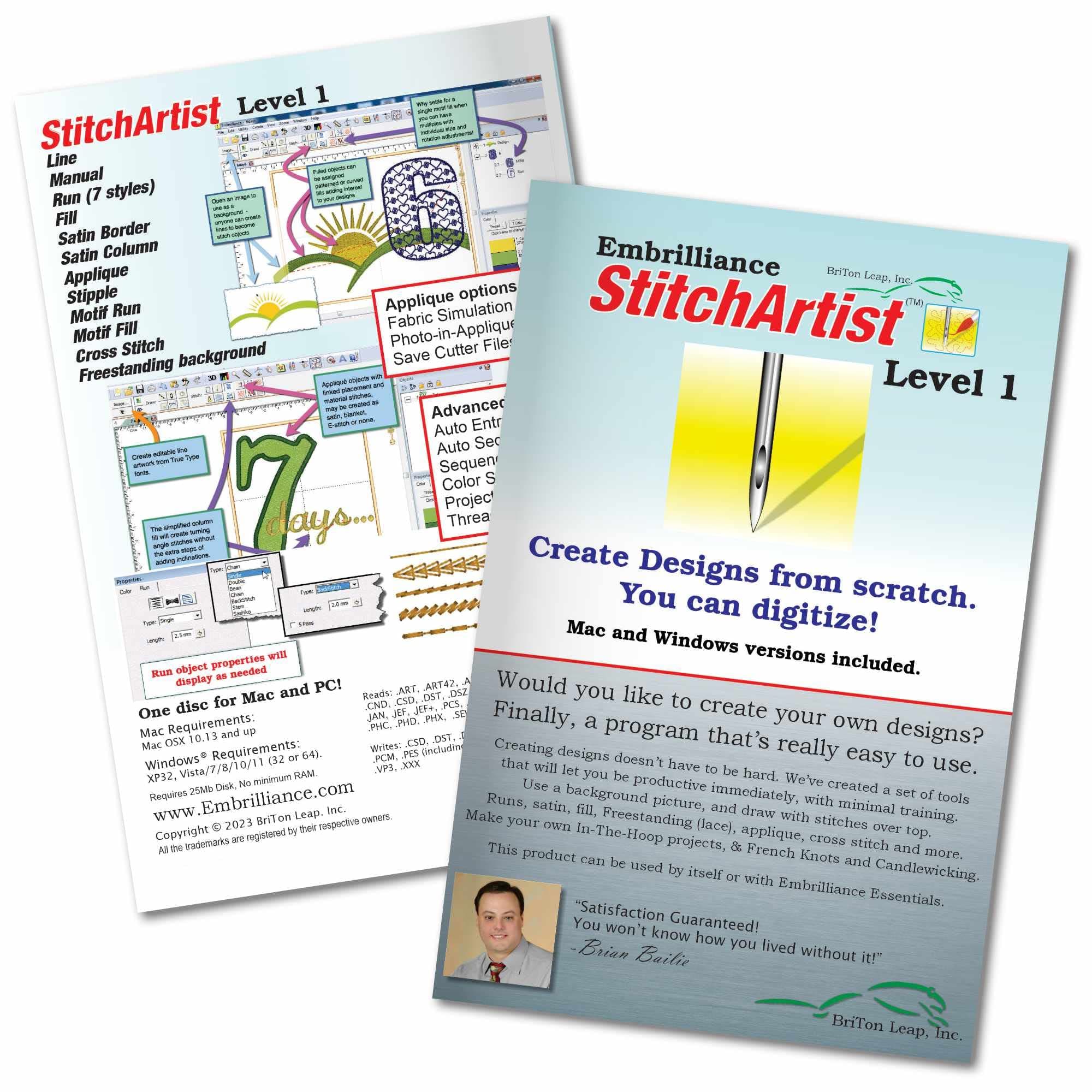 Embrilliance StitchArtist Level 1, Digitizing Embroidery Software for Mac & PC