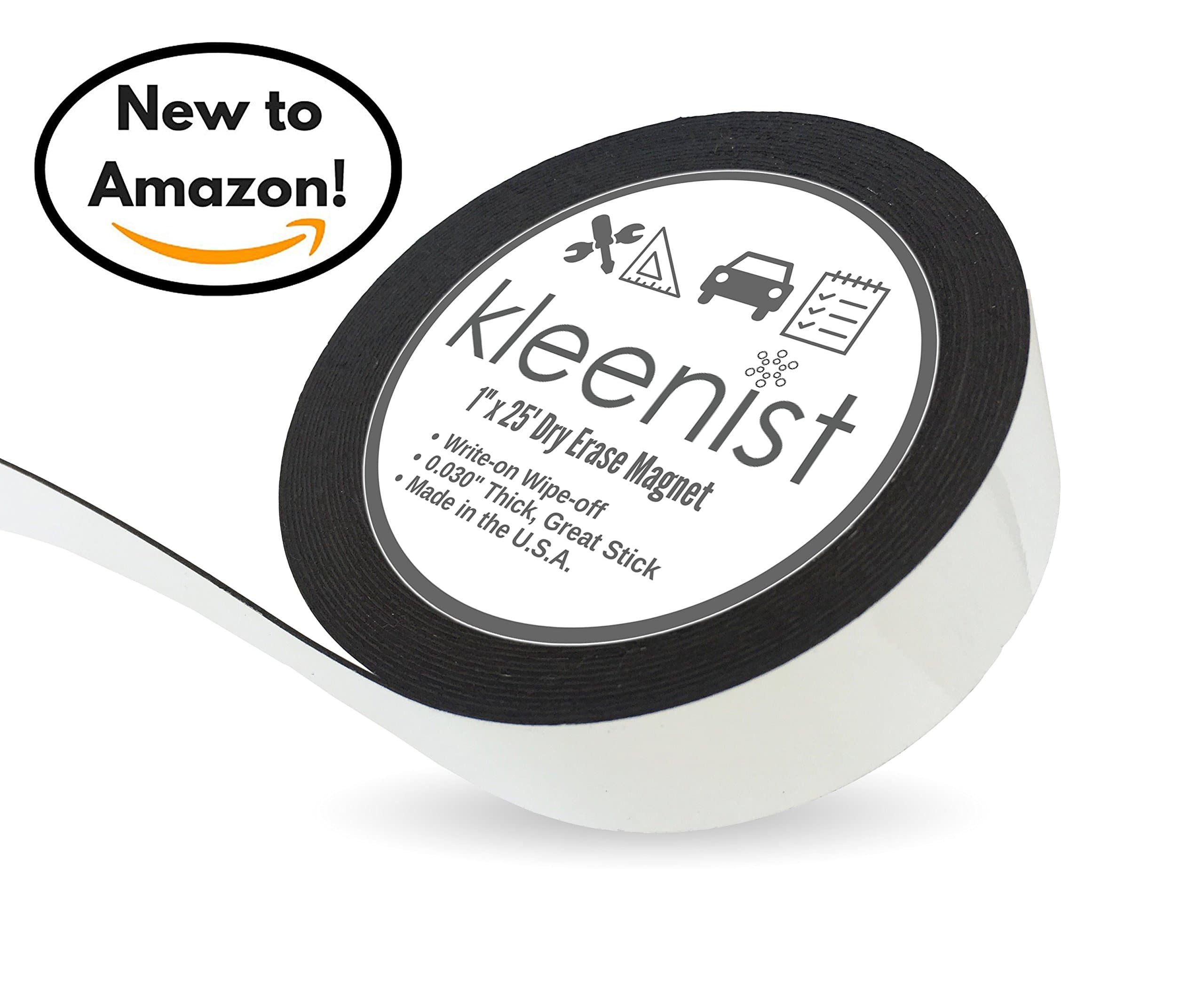 Best Dry Erase ThickSTICK Magnet Strip 1" x 25' by kleenist - Write On Wipe Off White Magnetic Tape Roll, Great for Sentence Strips and Whiteboards. 50% Thicker than the Competition.