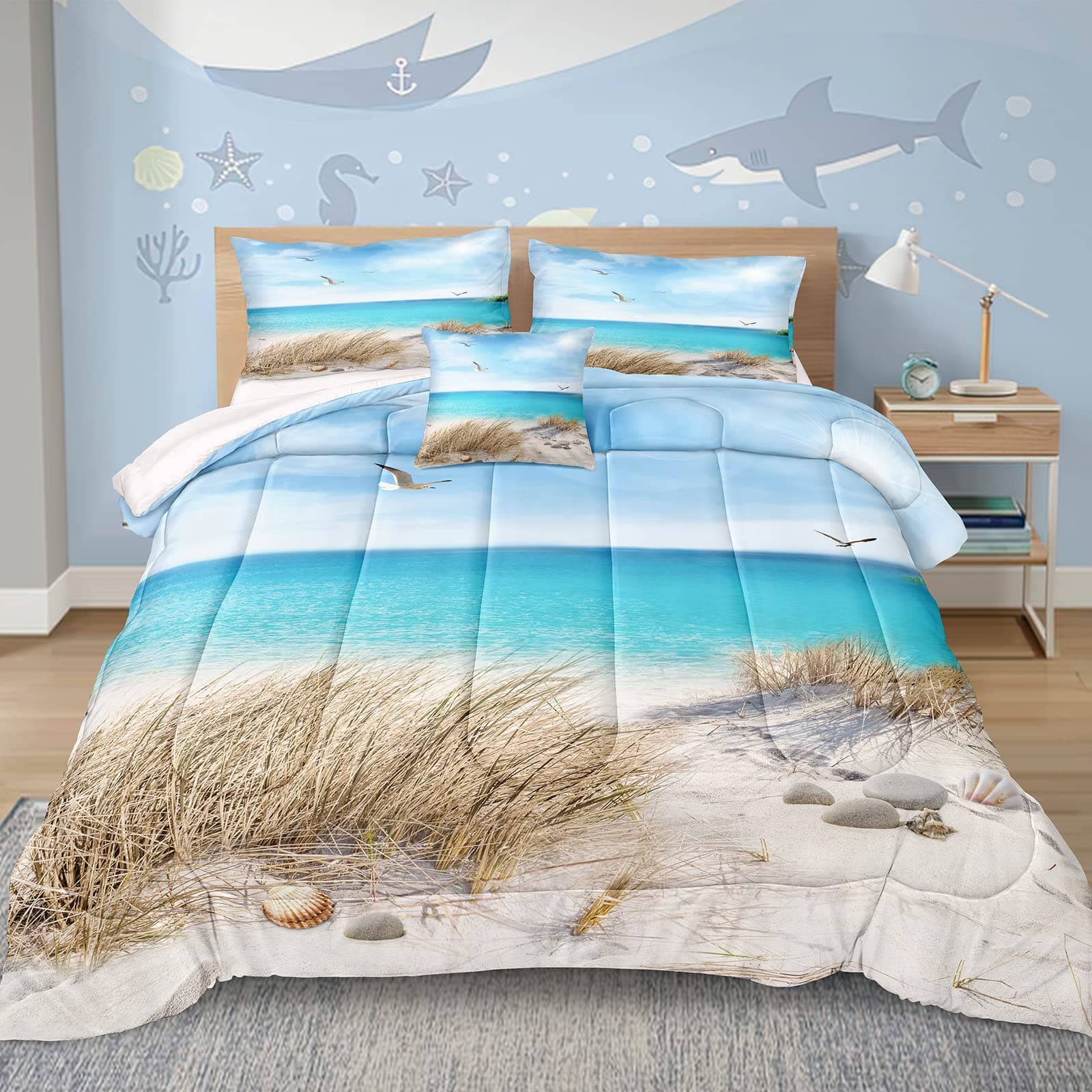 MOVE OVER Blue Ocean Bedding Set Beach Themed Comforter Set Queen Size 4 Pcs White Seagull and Seaside Rocks Seascape Pattern Blue Island Scenery Coastal Bedding Sets Ocean Beach Bedding Sets