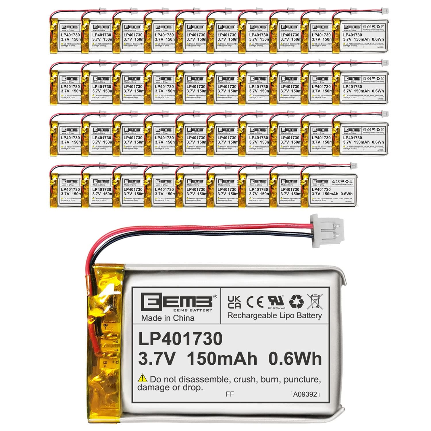 EEMB40PACK Lithium Polymer Battery 3.7V 150mAh 401730 Lipo Rechargeable Battery Pack with Wire Molex Connector for Speaker and Wireless Device- Confirm Device & Connector Polarity Before Purchase