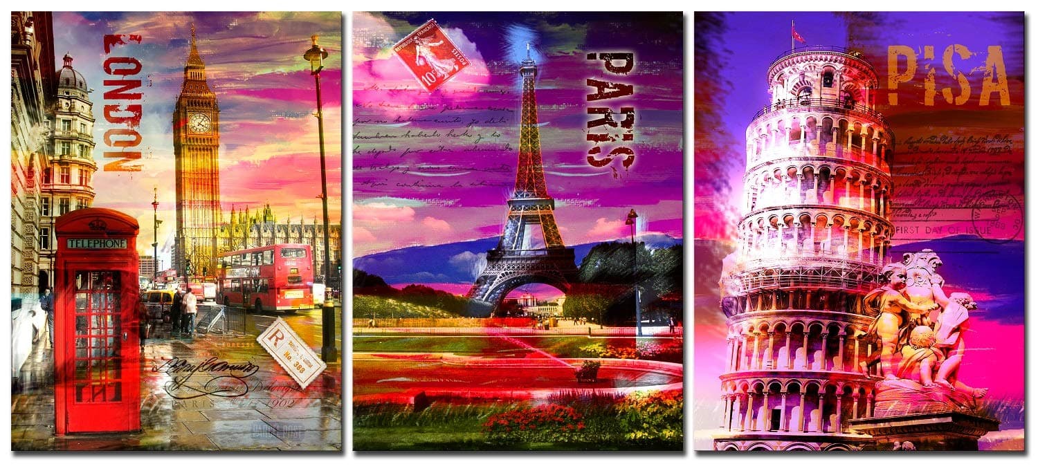 CUFUN Art - Colorful London Paris Pisa Building Eiffel Tower Leaning Tower of Pisa Big Ben Picture Prints on Canvas Modern Giclee Wall Decor for Living Room Bedroom 12x16inx3pcs