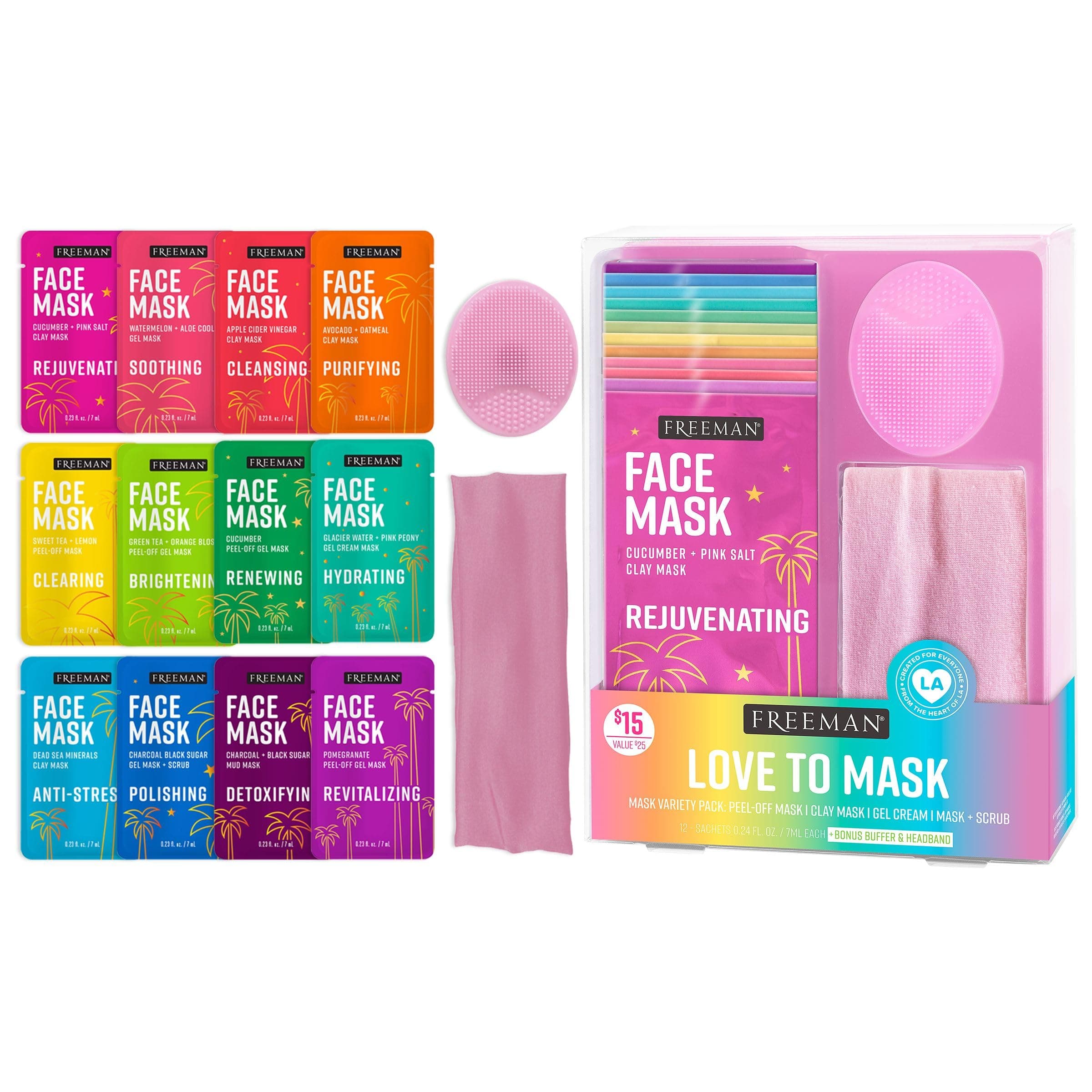 14 Piece Love To Mask Variety Pack, Face Masks For All Skin Types, Hydrate, Detoxify, & Clear Skin, Exfoliating Scrub, Bonus Headband & Skin Buffer, Stocking Stuffer, Cruelty-Free & Vegan