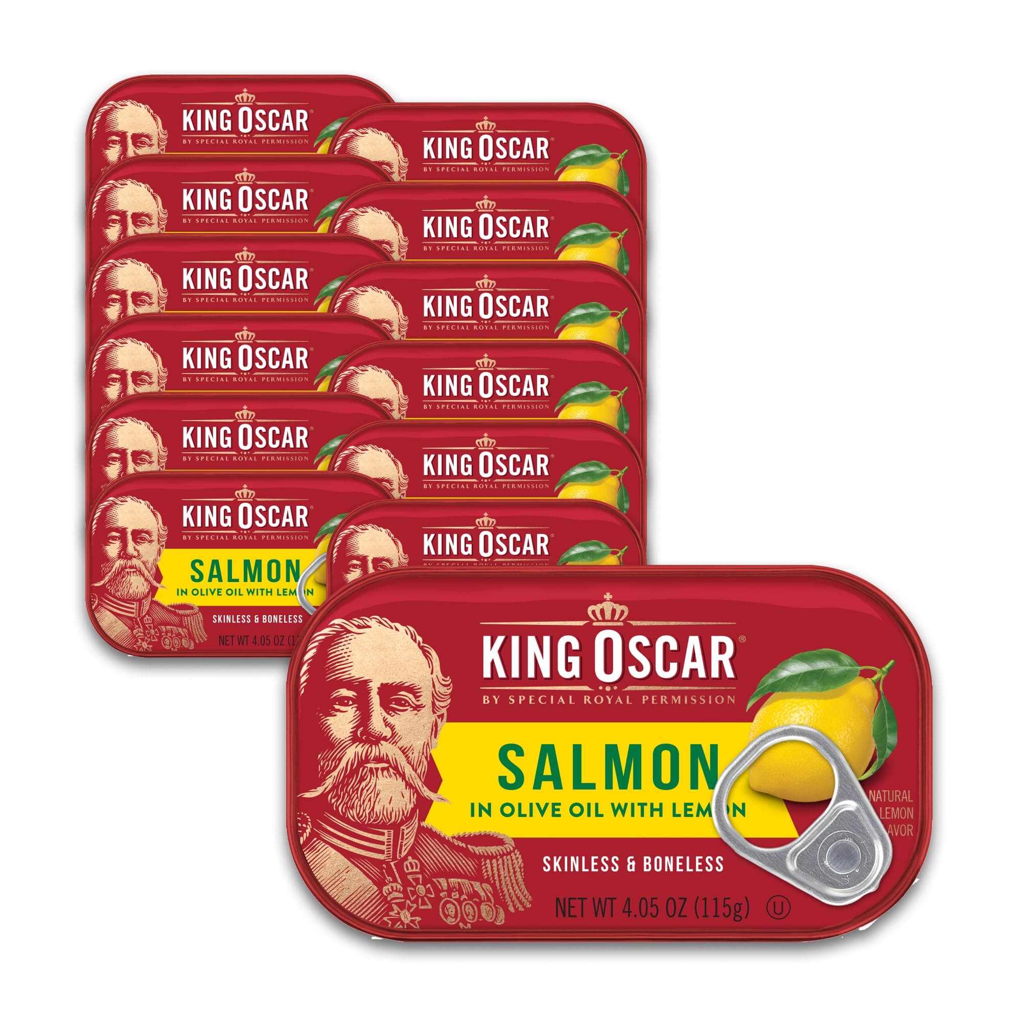 Premium Salmon in Olive Oil with Lemon, 4.05-Ounce Cans (Pack of 12, Packaging May Vary), Skinless & Boneless Salmon