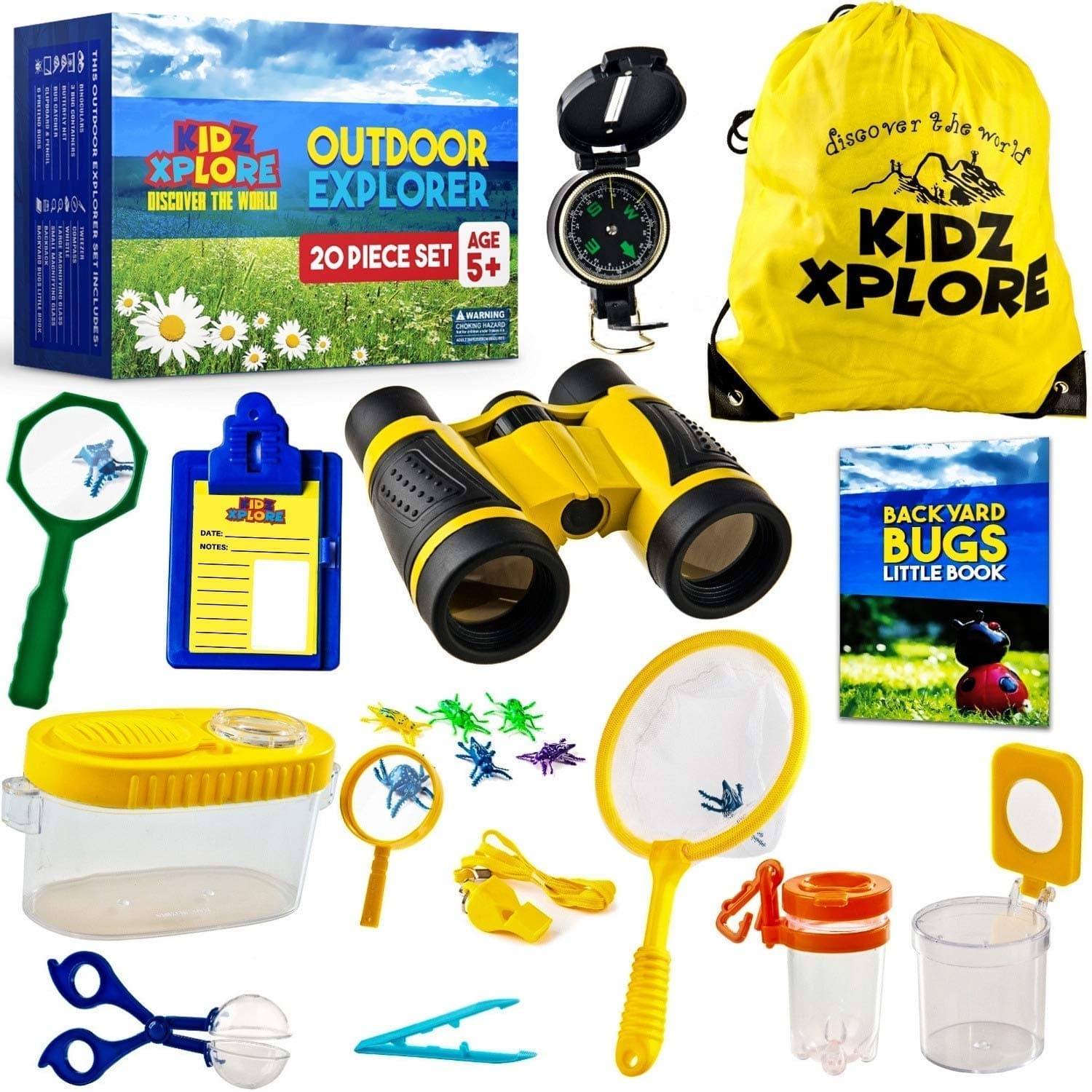 Kidz Xplore Outdoor Explorer Set 20 pc - Nature Exploration Kit Children Outdoor Games Mini Binoculars Kids, Compass, Whistle, Magnifying Glass, Bug Catcher, Adventure, Fishing, Hiking Educational Toy