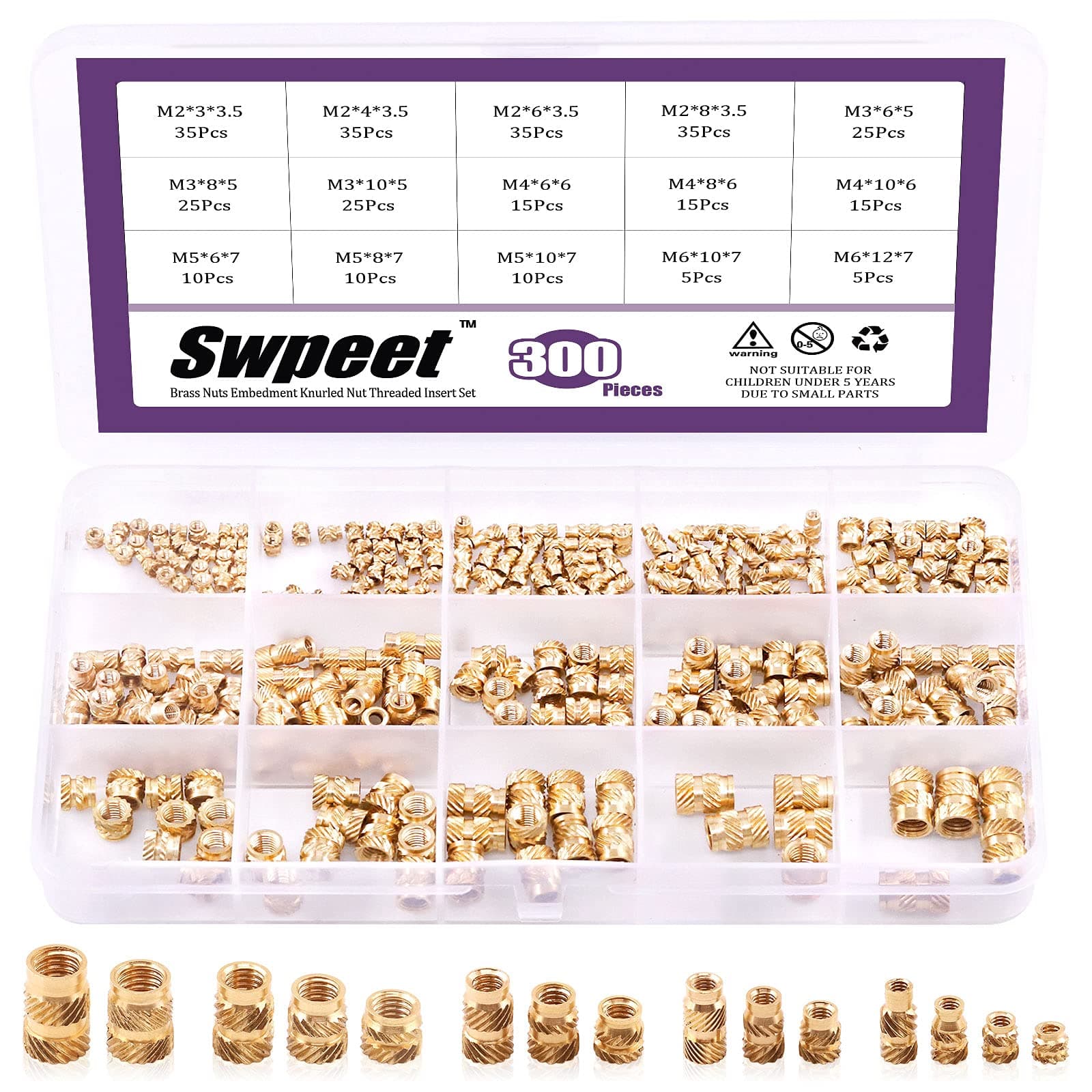 Swpeet 300Pcs 5 Values M2 M3 M4 M5 M6 Female Thread Knurled Nuts Brass Threaded Insert Embedment Nuts Hydraulic Welded Joint Injection Molding Assortment Kit Perfect for 3D Printing Injection Molding