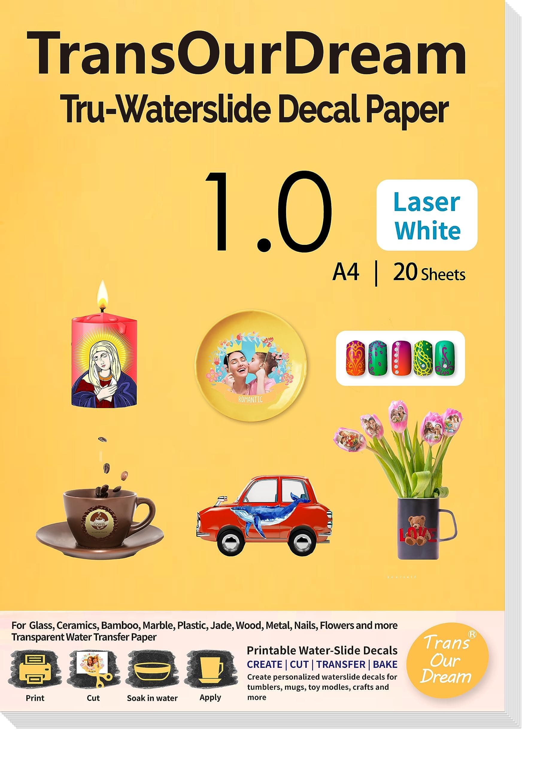 TransOurDreamWater Slide Decal Paper for Laser Printer WHITE (20 Sheets, A4 Size) Waterslide Transfer Paper Printable Waterslide Paper for Tumblers, Mugs, Glasses (TOD-022-15)