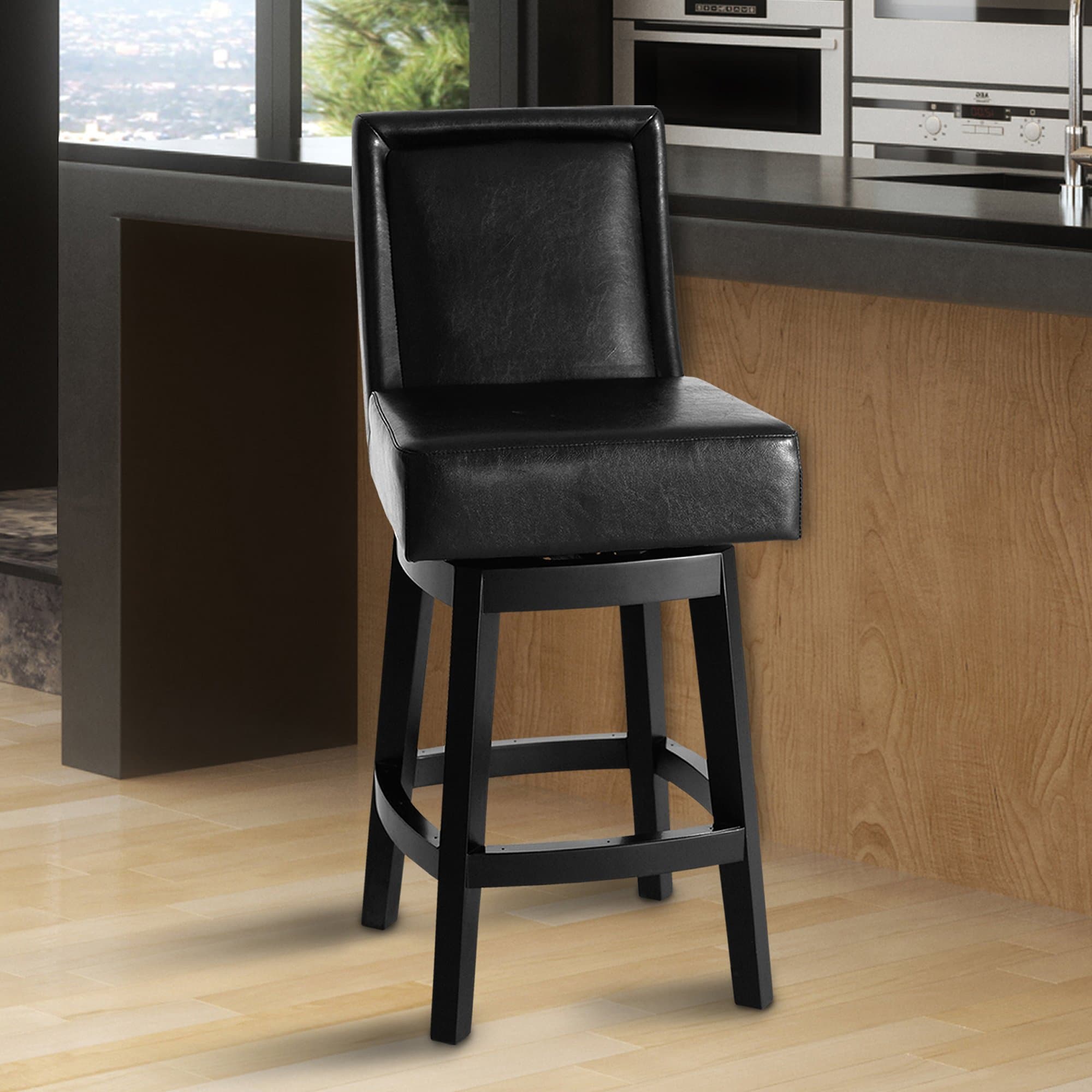 Armen Living LC4048BABL30 Wayne 30" Bar Height Swivel Barstool in Black Bonded Leather and Black Wood Finish