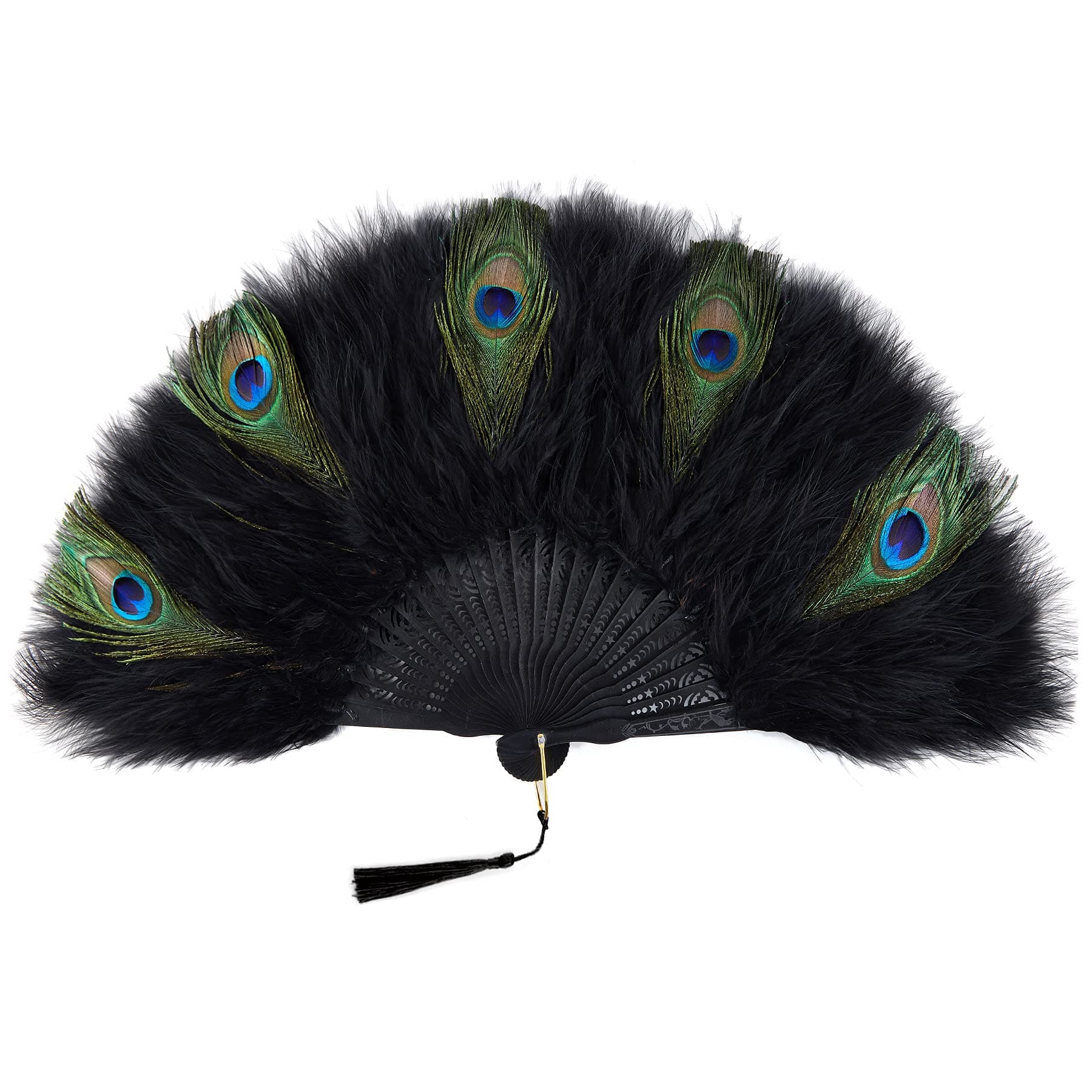 BABEYOND Marabou Feather Fan 20s Vintage Folding Fan Flapper Hand Fan for Costume Dancing Show Tea Party Wedding Decoration (Black&Peacock-Black Rib)