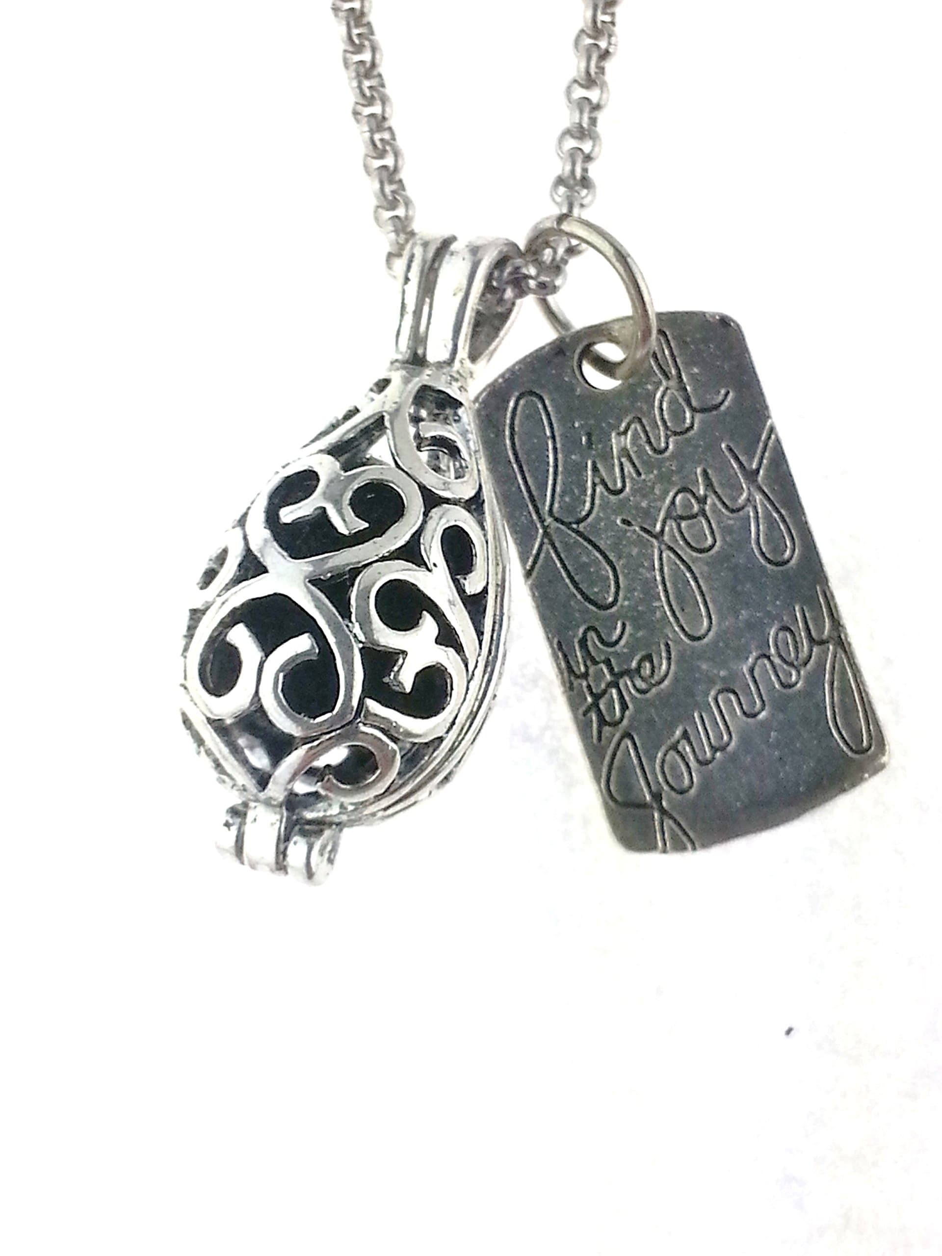 Filigree Teardrop Essential Oil Diffuser Necklace, Small Aromatherapy Necklace with"Find The Joy" Charm and 24 inch Chain and 3 poms Included.