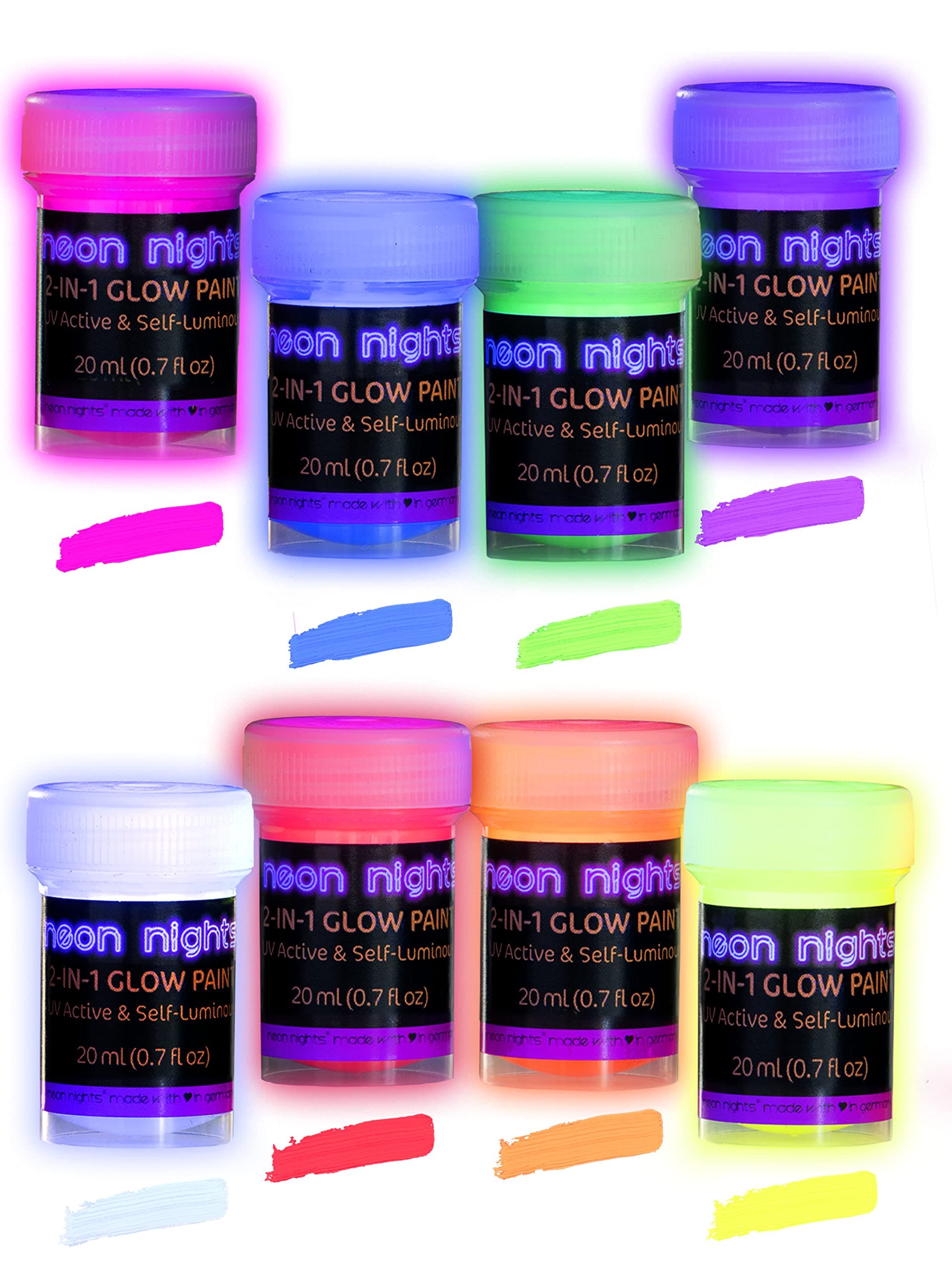 Neon Nights Glow in the Dark Paint - Set of 8, 20 mL Acrylic Paints for Outdoor and Indoor Use on Canvas & Walls - Gifts for Artists - 2 in 1