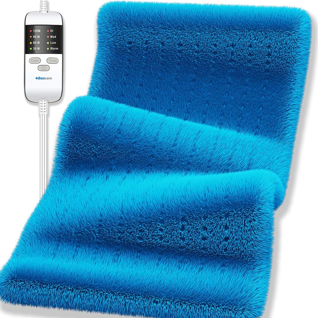 Boncare® Rapid Heat up Large Heating Pad for Back Pain Relief and Period Cramps with Auto Shut Off 4 Timers & 4 Temperature Settings Super Soft Velvet Fleece Moist/Dry Heat (Blue)