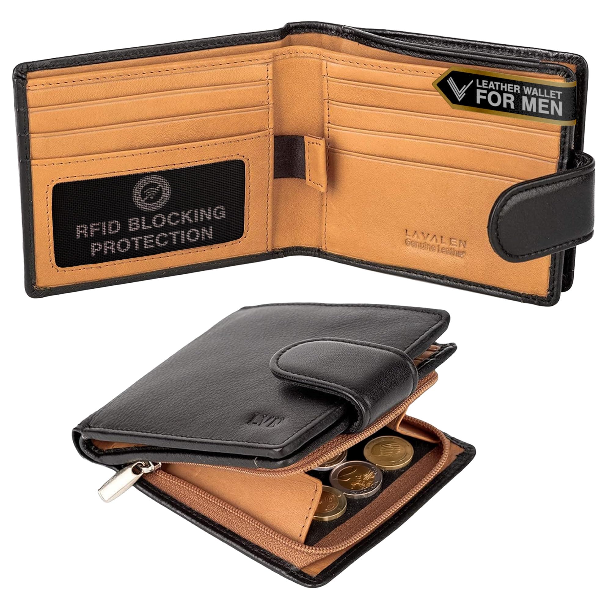 Soft Leather Wallet for Men – Genuine Bifold with Zipper Coin Pocket – Holds Bills, Credit Cards, Coins – RFID Blocking Protection – Stylish, Durable & Practical Leather Wallet for Men