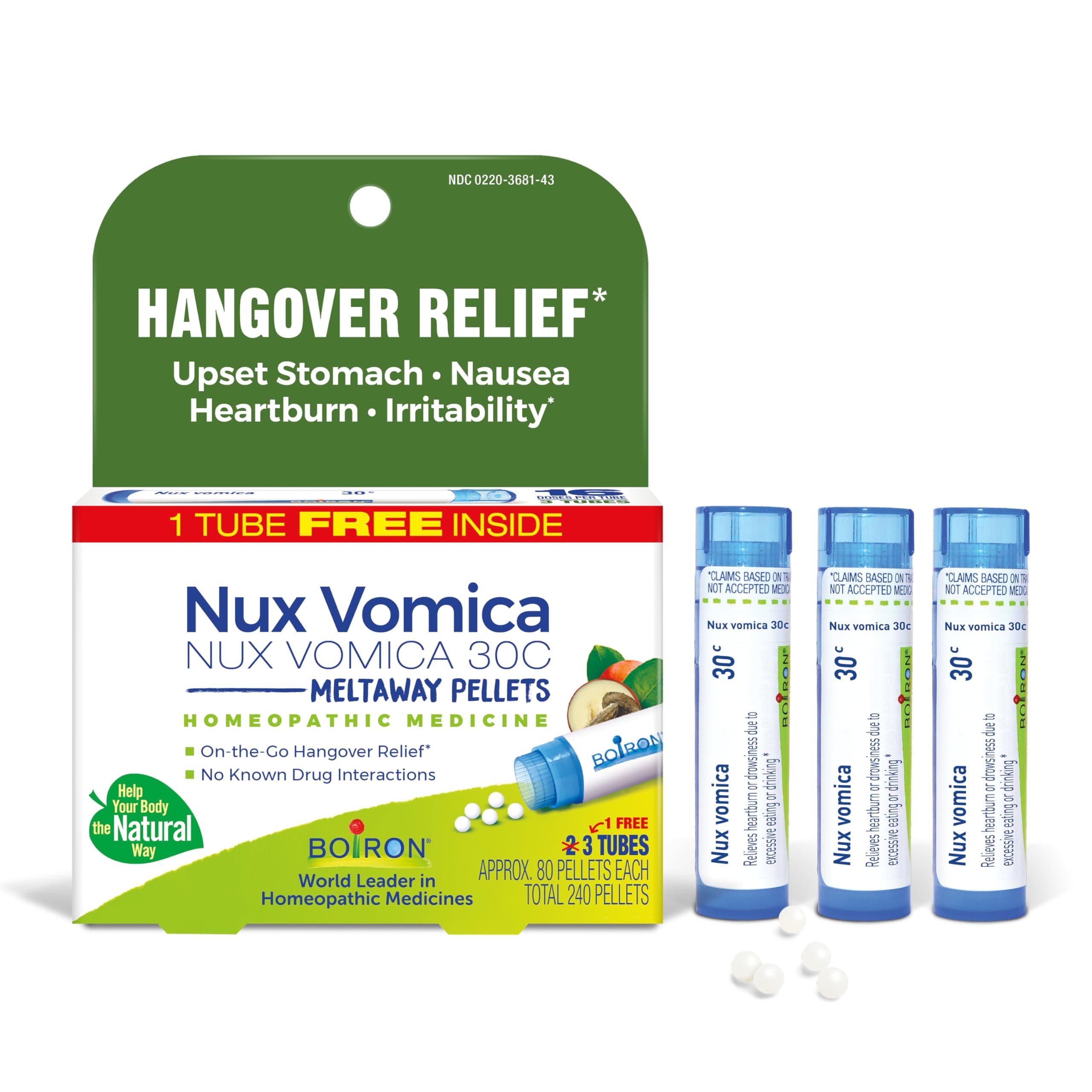 Boiron Nux Vomica 30C Homeopathic Medicine for Hangover Relief, Upset Stomach, Nausea, and Overindulgence of Food or Drink - 3 Count (240 Pellets)