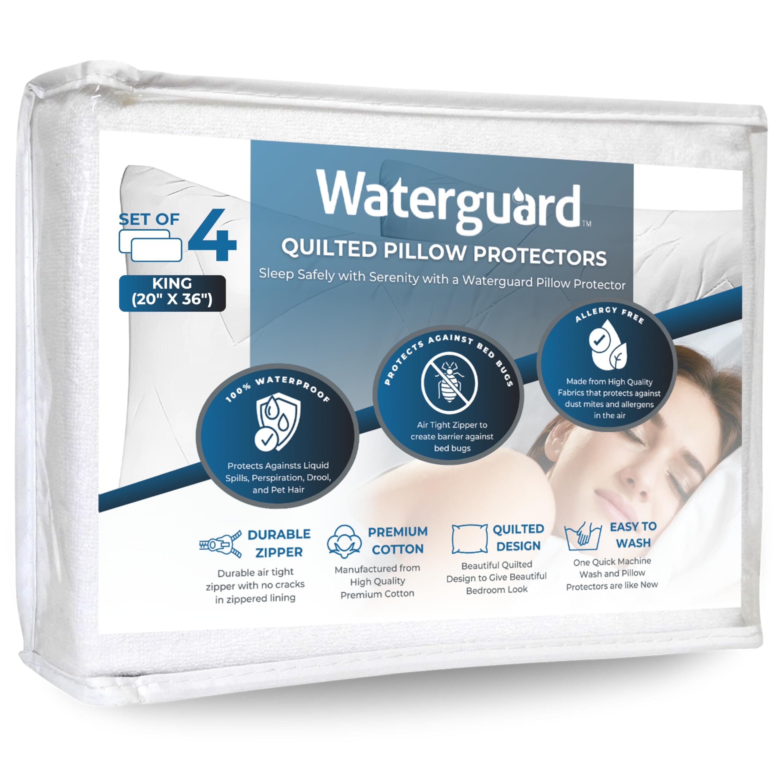 Waterguard Waterproof Pillow Protectors Quilted, Zippered Pillow Cases, 100% Cotton Top, Microfiber Filled Pillow Covers, King Size (20x36) Set of 4