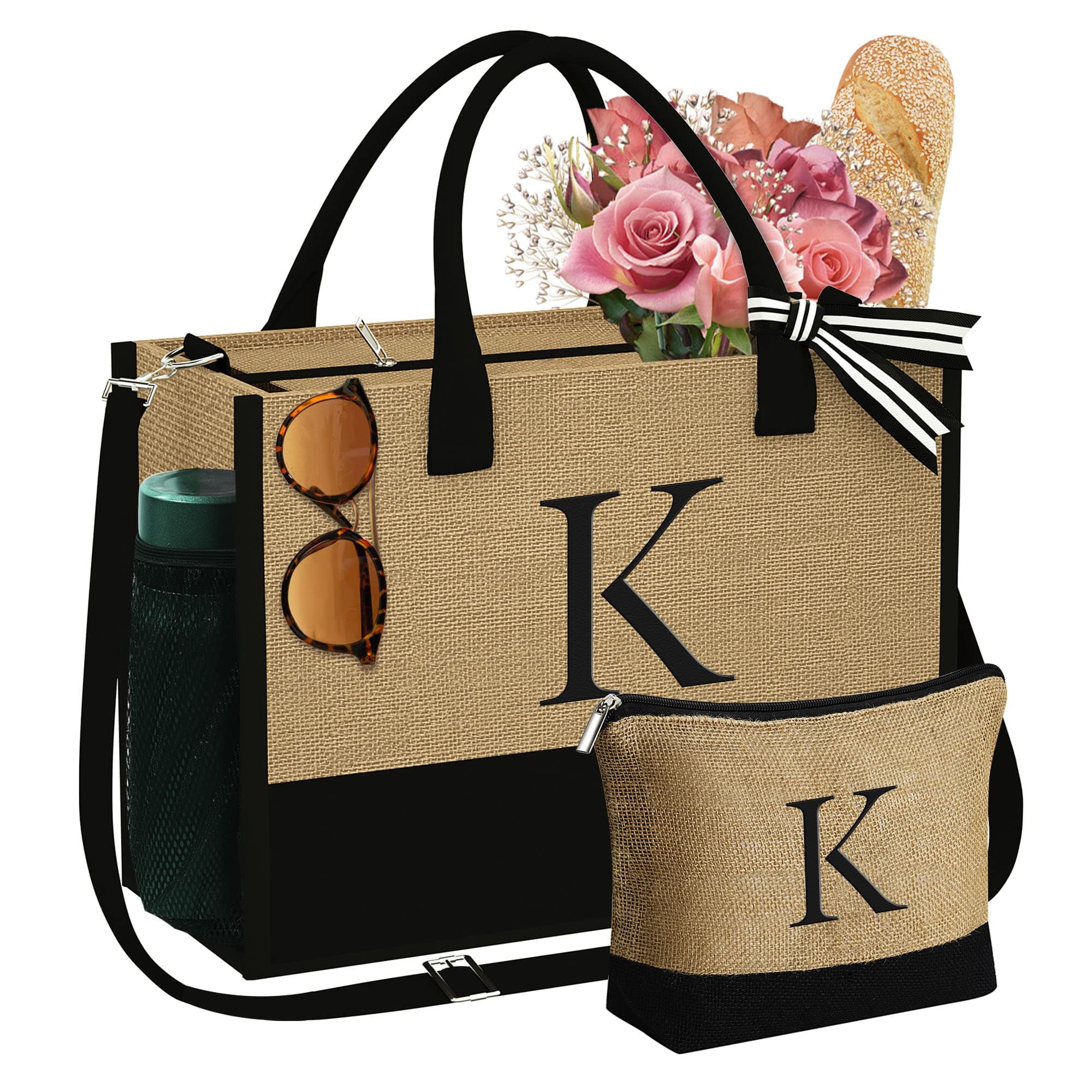 Personalized Gifts for Women - Initial Jute Tote Bag & Makeup Bag, Birthday Gifts for Women Mom Wife Teacher Friend