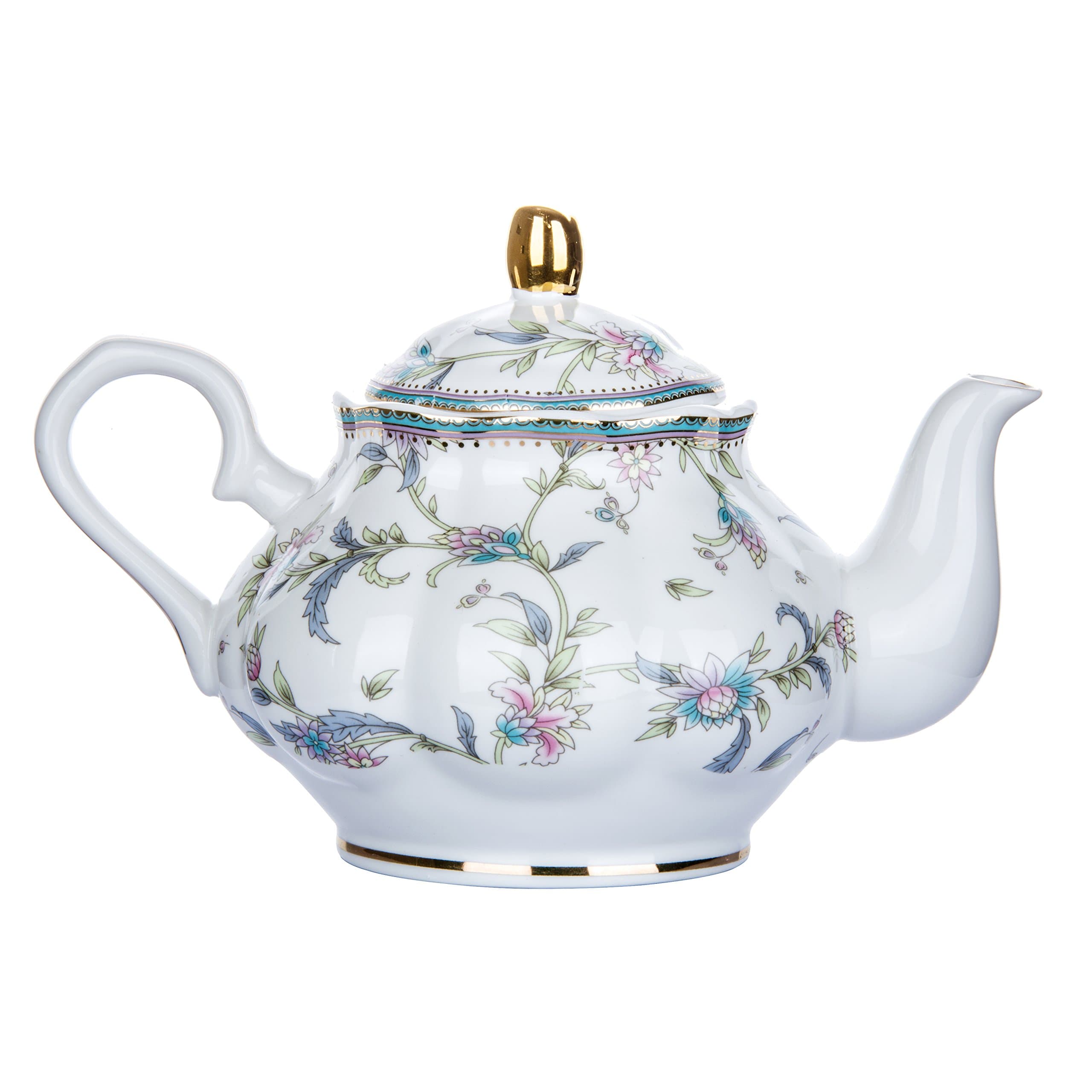 HOMEKEROS Teapot - Fine Bone China Tea Pot Trimmed in Gold - Vintage Porcelain 5 Cup Teapot with Cute Morning Glories Flower Pattern - 1.14 Liter