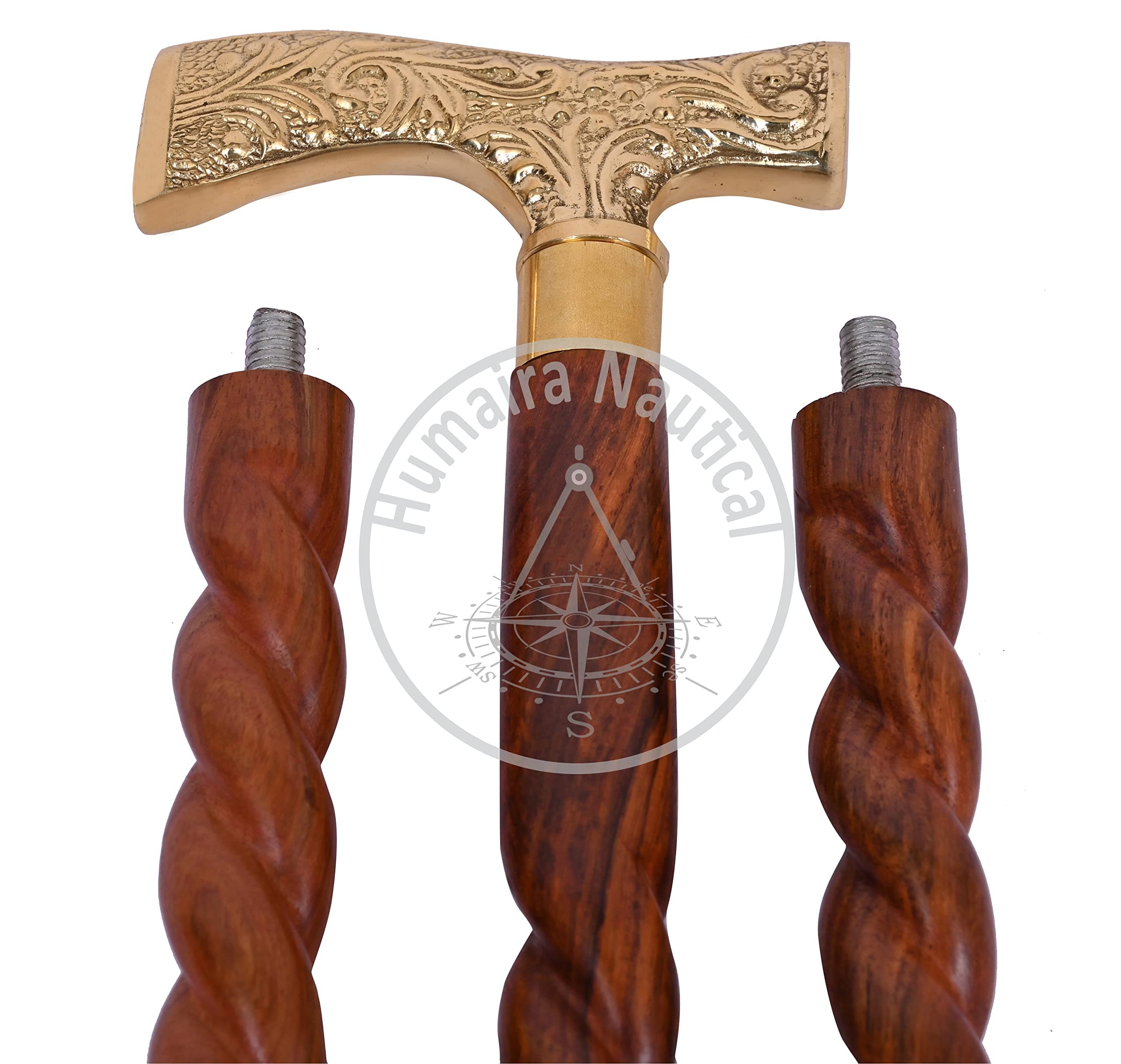 Humaira Nautical Walking Stick Men Derby Canes and Wooden Walking Stick for Men and Women 36" Brown Ebony Brass T Shape Handle in Golden Tone Natural Wood Unisex Cane.