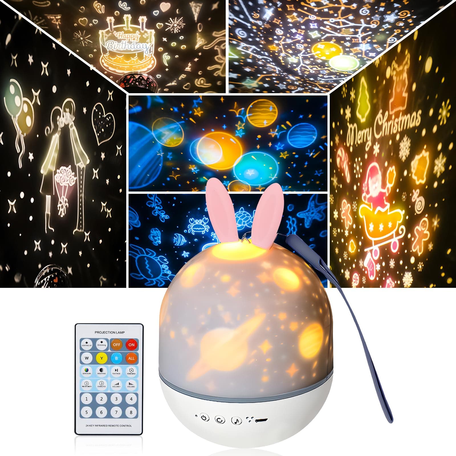 Baby Projector Light with 8 Music, Kids Projector Night Light, Baby Night Light Projector with Remote Control and Timer, LED Baby Lights Projector Sensory Light with 4 Light Modes/6 Projection Themes [Energy Class A+++]