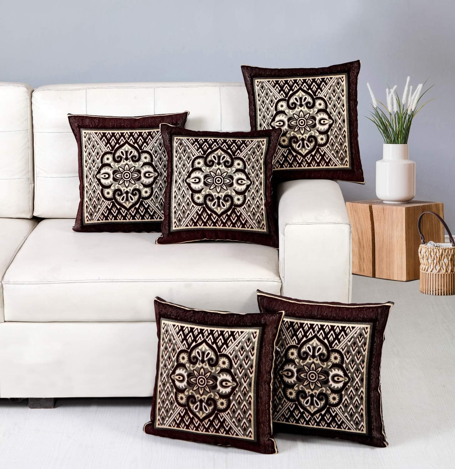 Nendle Jacquard Weaved Decorative Velvet Cushion Cover/Sofa Pillow Cover Set of 5 Pieces (Brown, 16x16 Inches)
