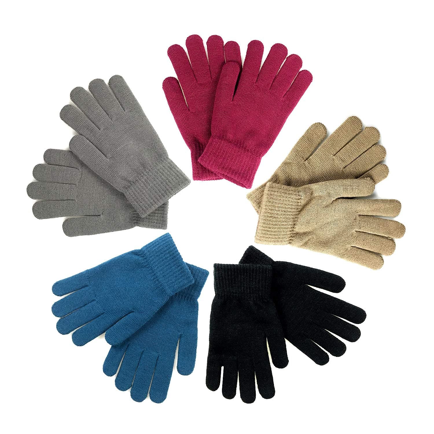 Winter Magic Gloves for Adults, 5 Pairs of Stretchy Knit Warm Gloves for Men, Women and Teens