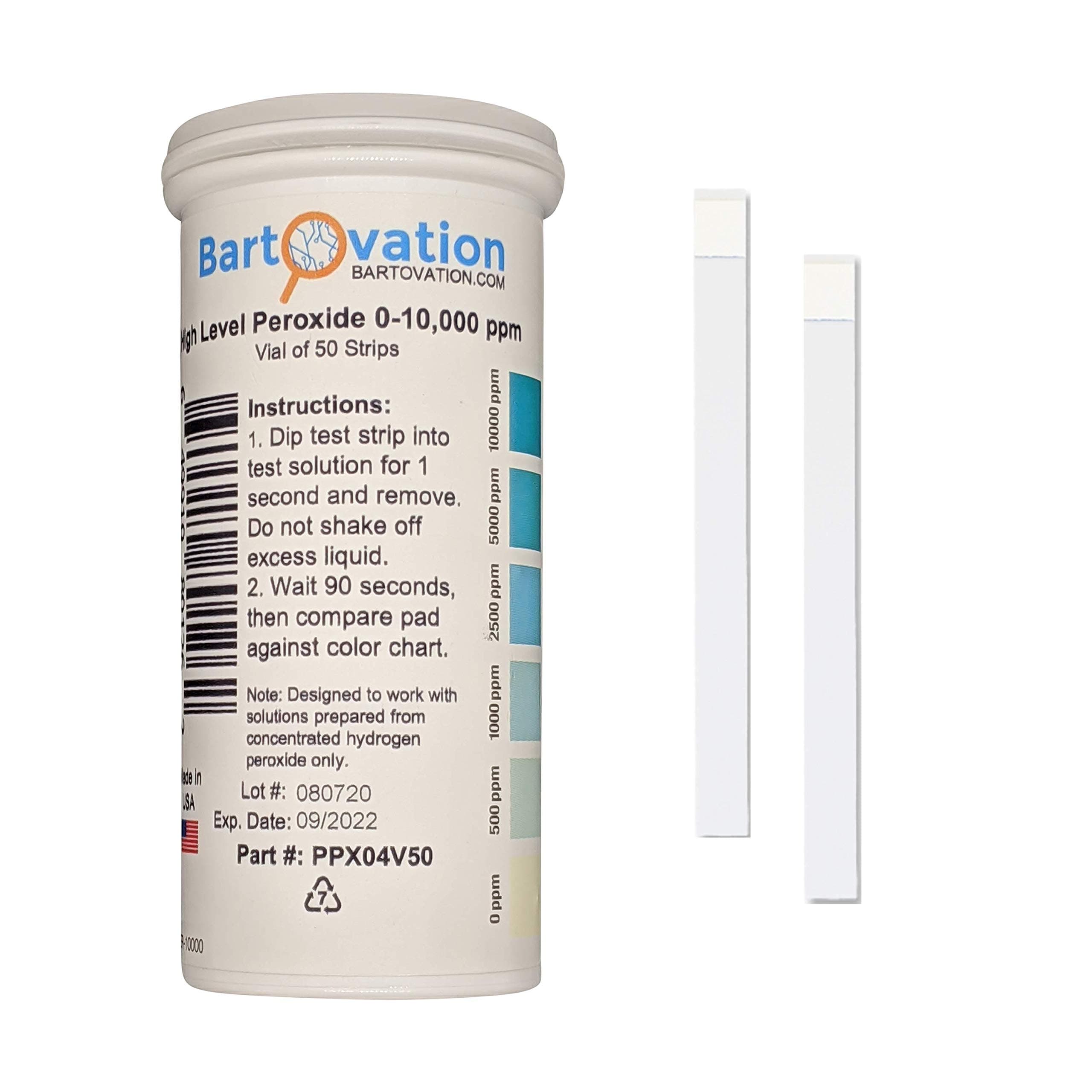 Bartovation Very High Level Hydrogen Peroxide H2O2 Test Strips, 0-5000 Ppm [Vial Of 50 Strips]