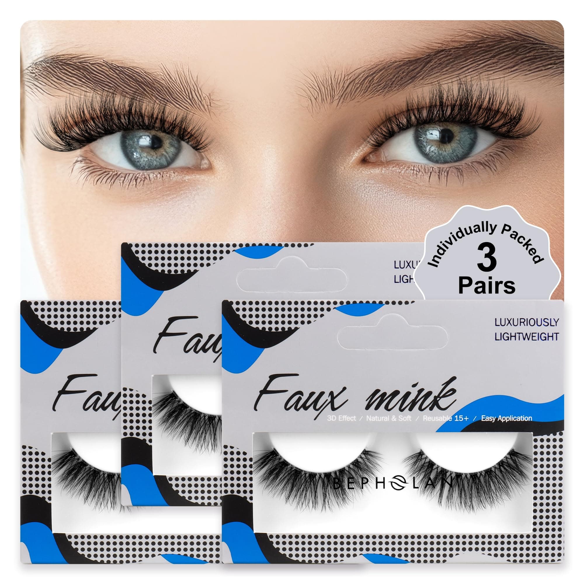 Eyelashes Natural Look False Lashes - Bepholan Fake Eyelashes 5D Super Fluffy False Eyelashes Black Band Wispy Lashes 3-Pack Faux Mink Lashes(XMZ91)