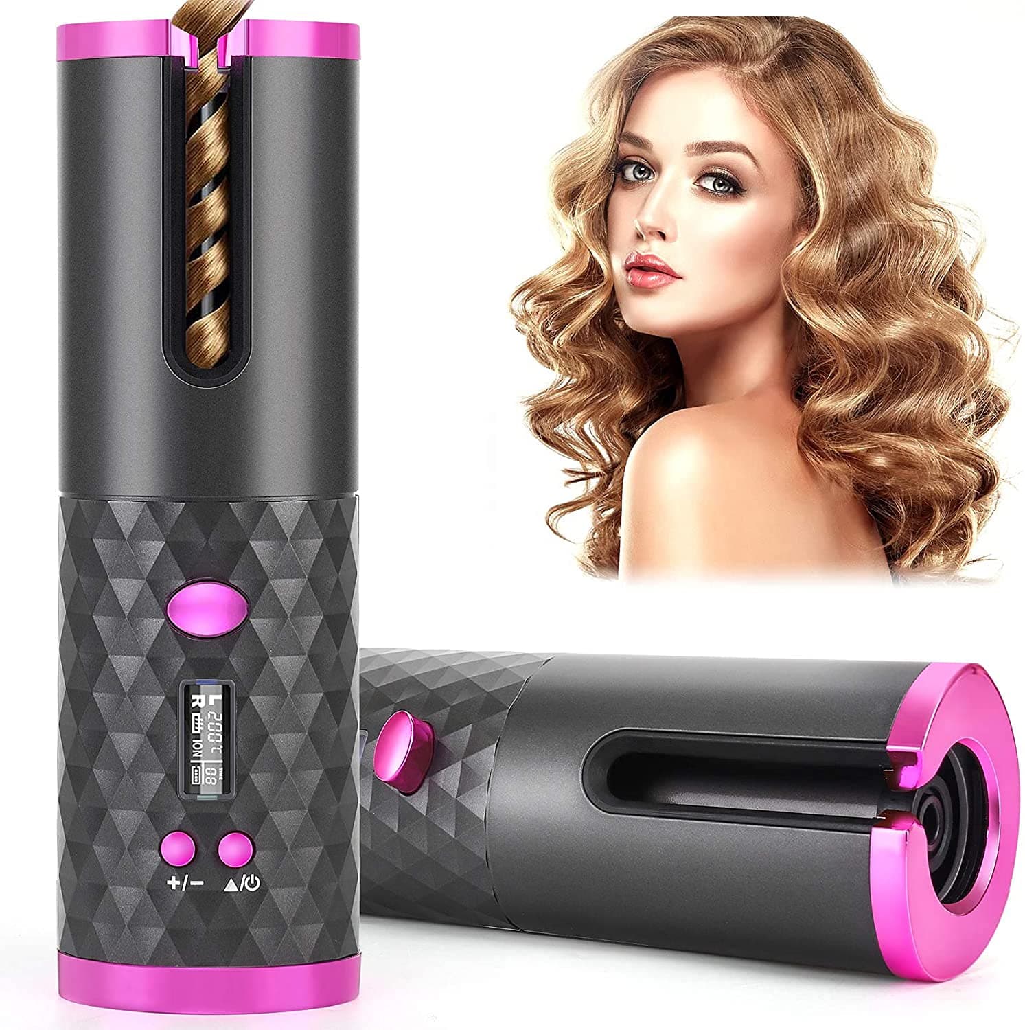 Automatic Hair Curler, Wireless Hair Curling Wand USB Rechargeable, LCD Display 6 Temperature Setting,Portable Cordless Hair Styler for Long & Short Hair, Travel & Home Use (Grey)