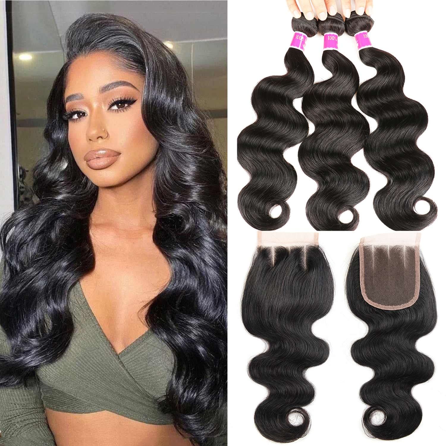 9A Brazilian Body Wave Bundles with Closure (16 16 16+14 3 part closure)100% Unprocessed Virgin Human Hair with Closure Body Wave Lace Closure with Bundles Human Hair